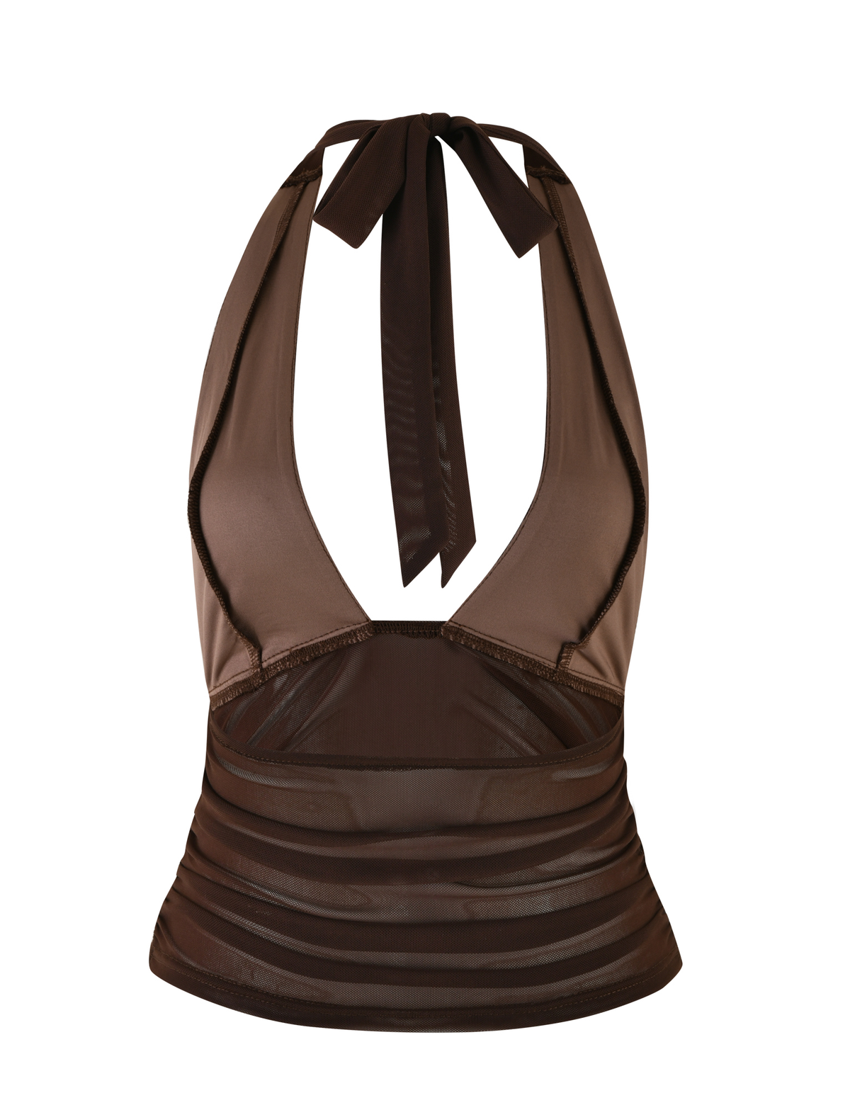 The BRESILY TOP - BROWN : CHOCOLATE by TIGERMIST is a halter neck crop top with a deep V neckline, mesh panels, and a tie neck closure. The fitted fabric features subtle ruching at the lower band for added detail.