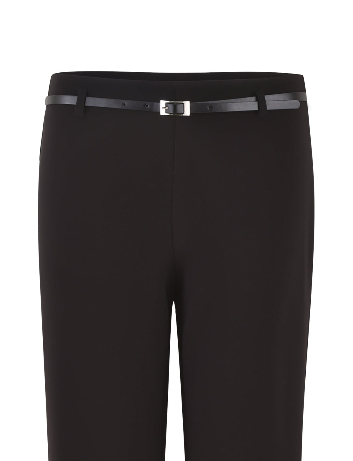Close-up image of the TERLA PANT - BLACK by TIGERMIST, paired with a slender black belt that features a small, rectangular silver buckle. The trousers are made from smooth fabric and showcase a mid-rise waist with no other details or background visible in the image.