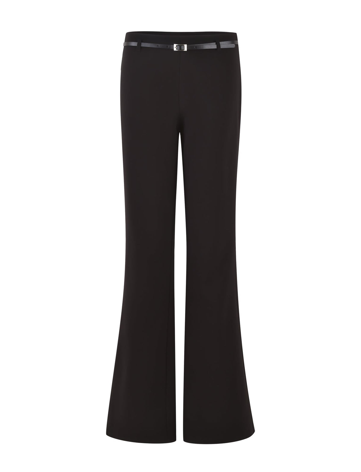 Introducing the TERLA PANT - BLACK by TIGERMIST. This pair of suiting pants features a mid-rise waist and a sleek design. Crafted from smooth fabric, they showcase a tailored finish with a small metallic buckle adding subtle detail to the waistband. The legs widen slightly from the knee downwards, creating an elegant flared silhouette.