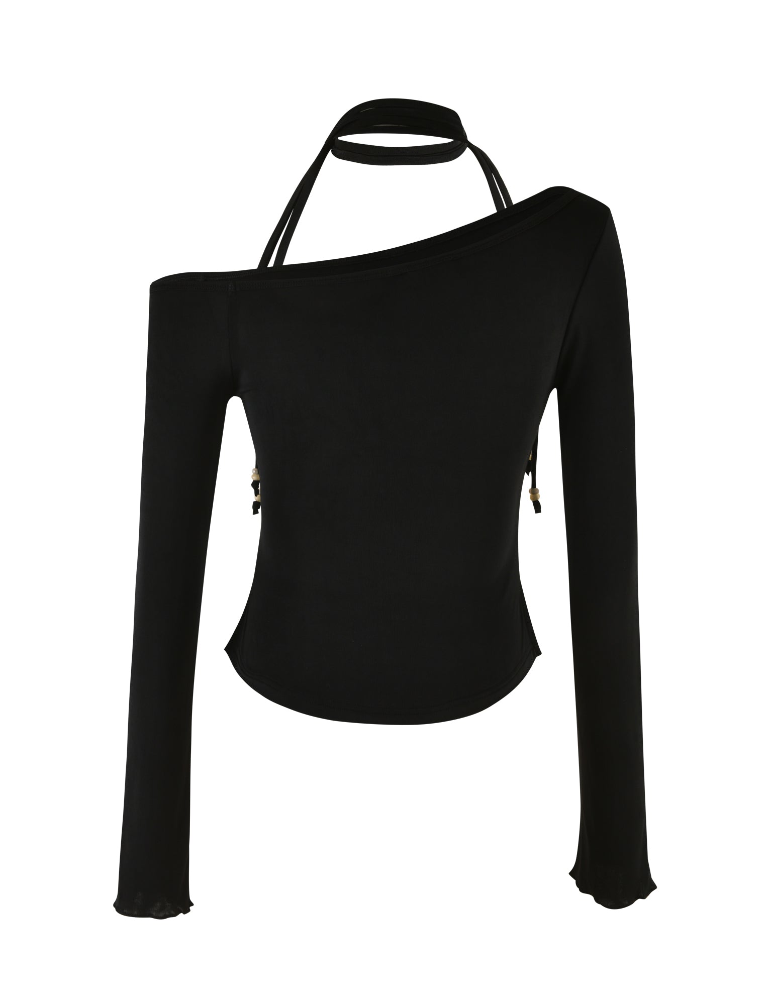 The MIETTA TOP - BLACK by TIGERMIST is a black, long-sleeve top with an asymmetric shoulder design, featuring a multi-tie neck and single strap extending from the left neckline to the right shoulder. It has a fitted silhouette with a slightly flared hem, made from high stretch fabric for ultimate comfort and style.