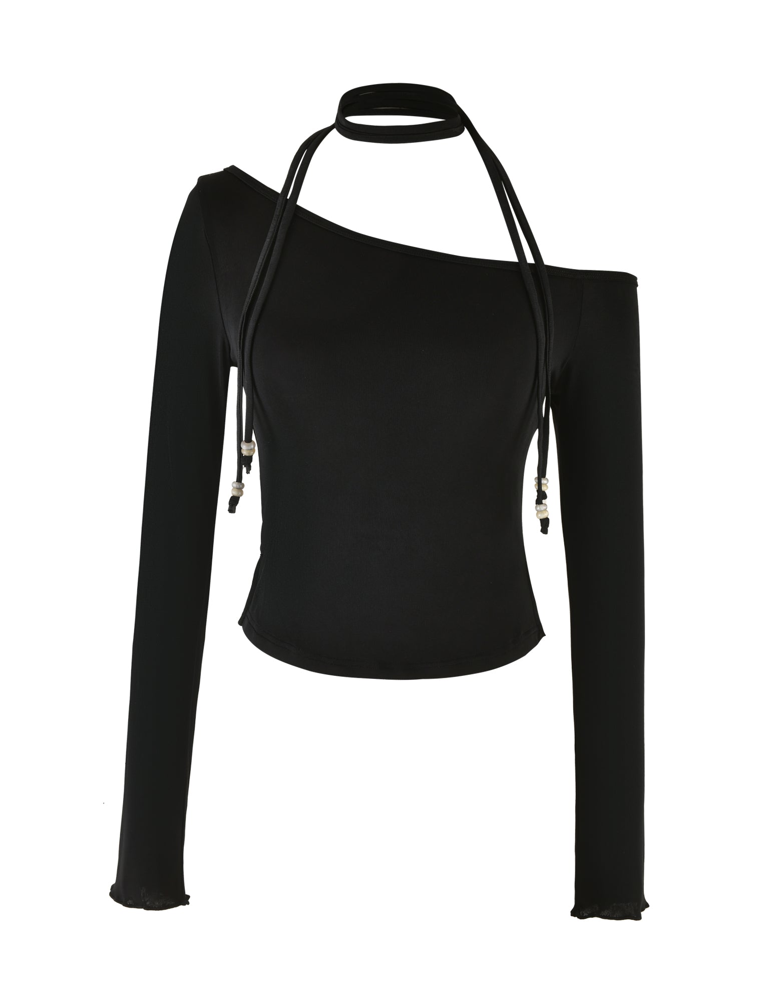 The MIETTA TOP - BLACK by TIGERMIST is a chic, black, long-sleeve top with an asymmetric off-shoulder design and a distinctive multi-tie neck detail featuring two long strings that elegantly drape down the front. The high-stretch fabric ensures a fitted look, while the sleeves are enhanced with subtle ruffled hems.
