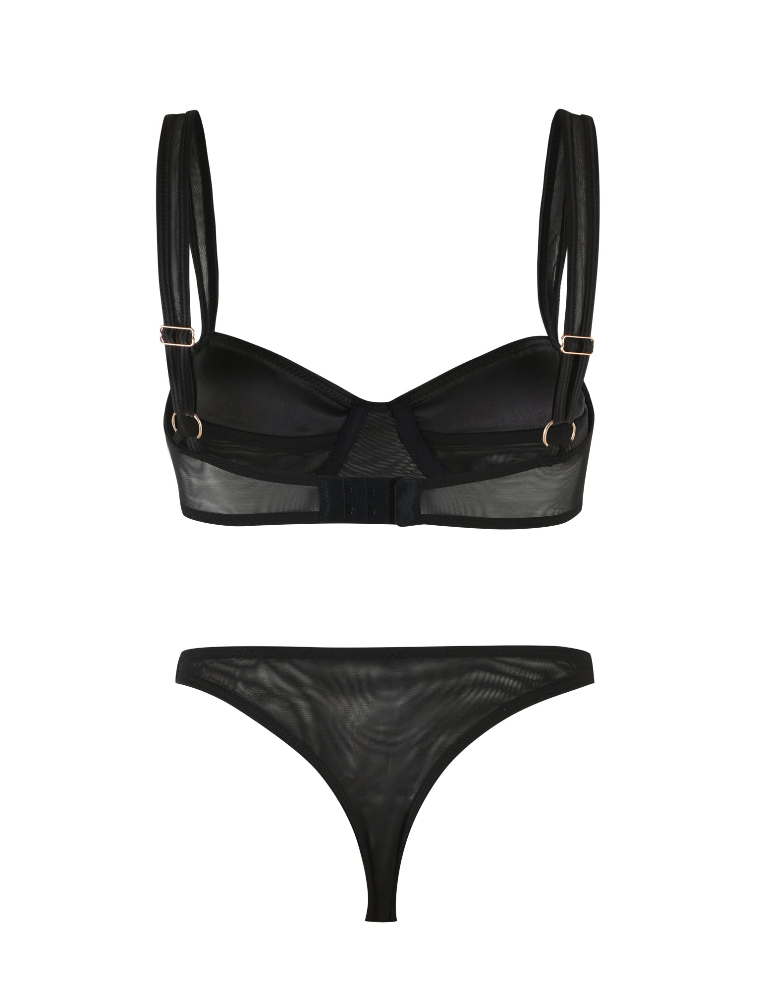 An image showing the SAFFRON SET 2.0 - BLACK by TIGERMIST. The set includes a sheer black bralette with straps and buckles in a balconette shape, and a pair of sheer black panties, both featuring a delicate and minimalist design.