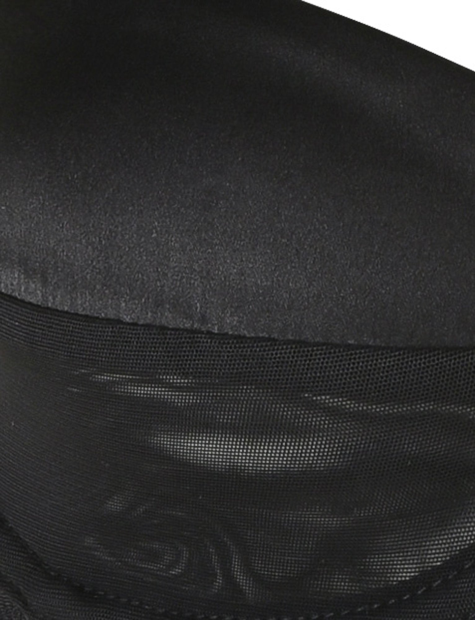 Close-up of the SAFFRON SET 2.0 - BLACK by TIGERMIST. The image highlights a smooth black material at the top, transitioning into a see-through black mesh below. Mimicking the luxurious feel of silk satin, this fabric has a slightly shiny texture with a clearly visible mesh pattern featuring small, even holes.