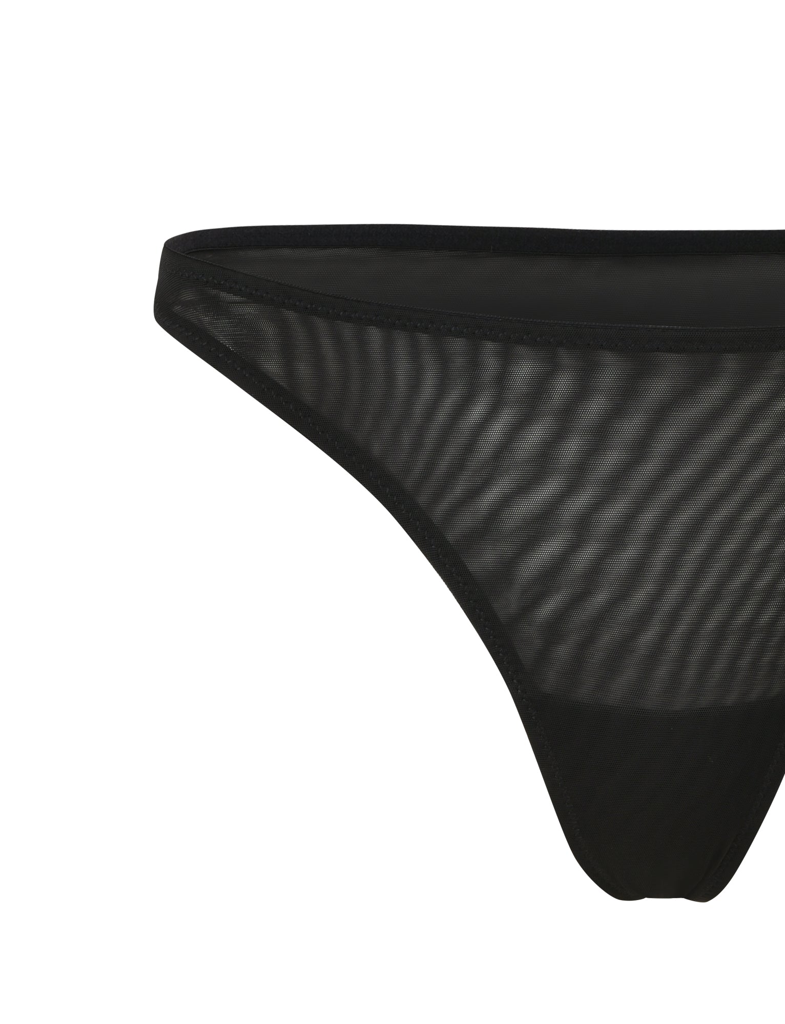 A close-up view of the side and front portion of a pair of black, semi-sheer, mesh lingerie bottoms from TIGERMIST's SAFFRON SET 2.0 - BLACK. The fabric features a subtle striped pattern, and the image captures the intricate details of the garment.