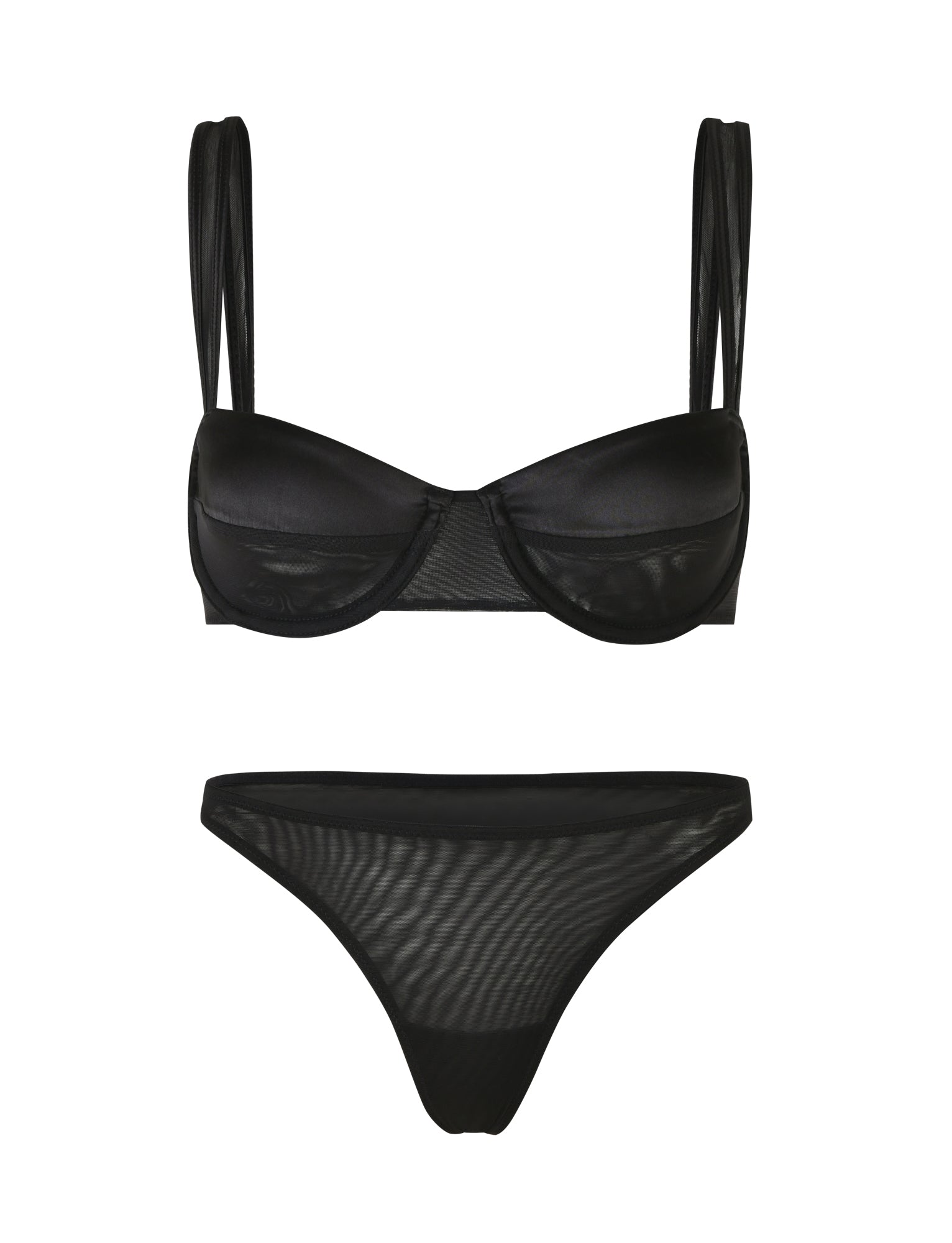 The TIGERMIST SAFFRON SET 2.0 - BLACK is a bikini set showcased against a white backdrop. The top boasts a balconette shape with underwire cups and double shoulder straps, perfectly complementing the mid-rise bottoms crafted from semi-sheer material. This design effortlessly achieves a sleek and sensual look.