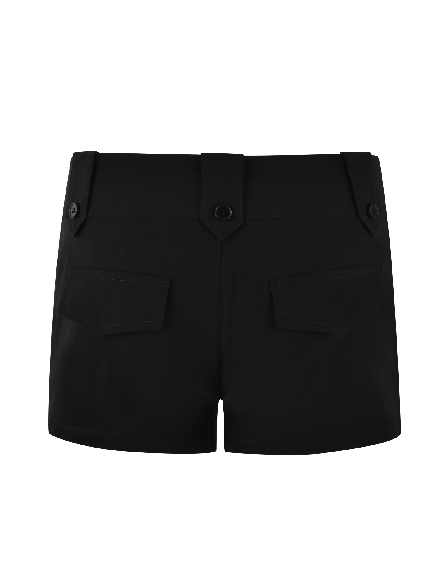 Introducing the KITTIE SHORT - BLACK by TIGERMIST: These tailored black shorts feature a high waistband with belt loops and two back flap pockets complete with button closures. The central button detail on the waistband adds an extra touch of sophistication. With their sleek, structured design and clean lines, these shorts are a perfect extension of our best-selling Kittie pant.