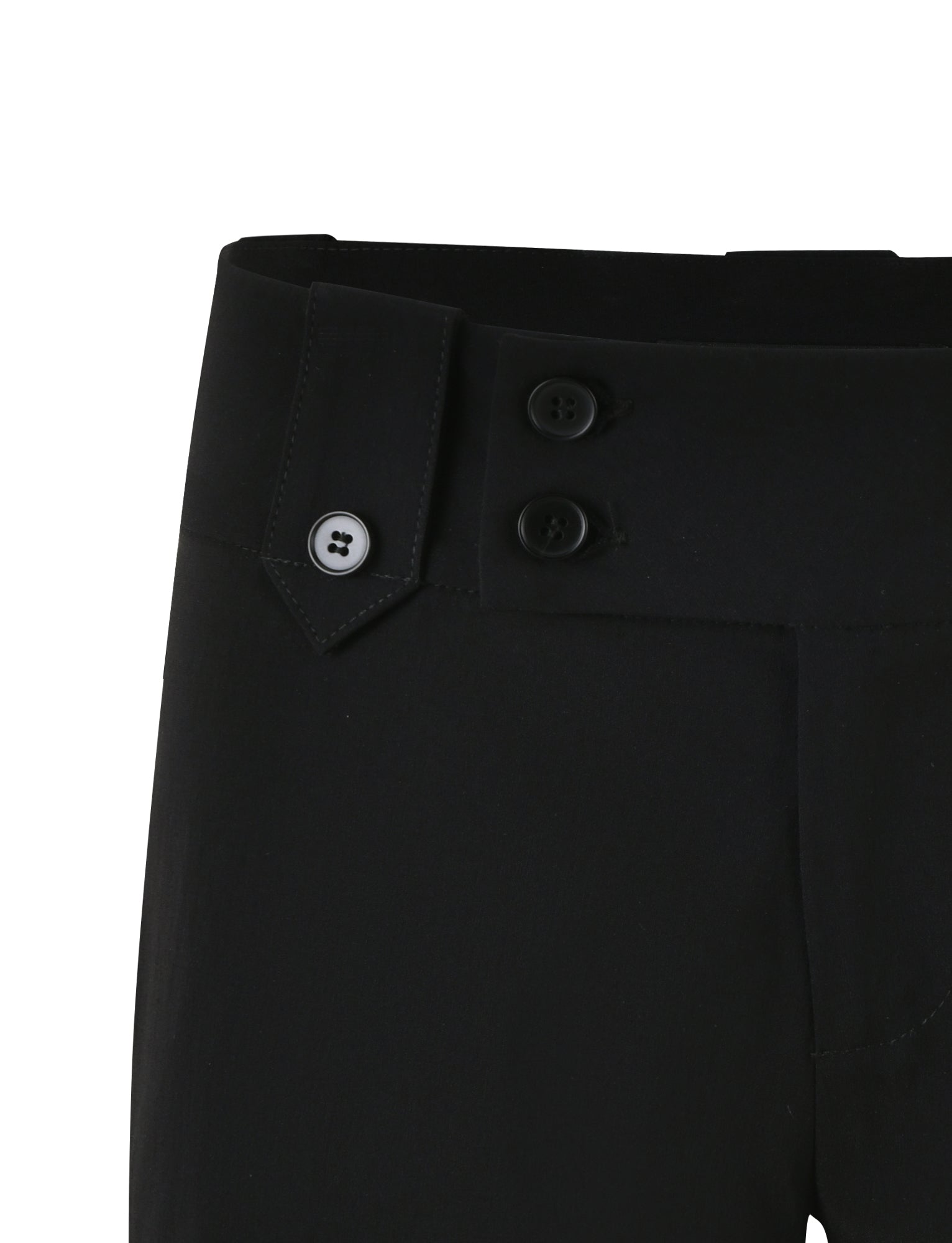 Close-up of TIGERMIST's best-selling KITTIE SHORT - BLACK, showcasing black dress shorts with a decorative flap and two black buttons on the waistband. The high-stretch fabric appears smooth and tailored, suitable for formal occasions or professional settings. The focus is on the top portion of the shorts, emphasizing the design details.