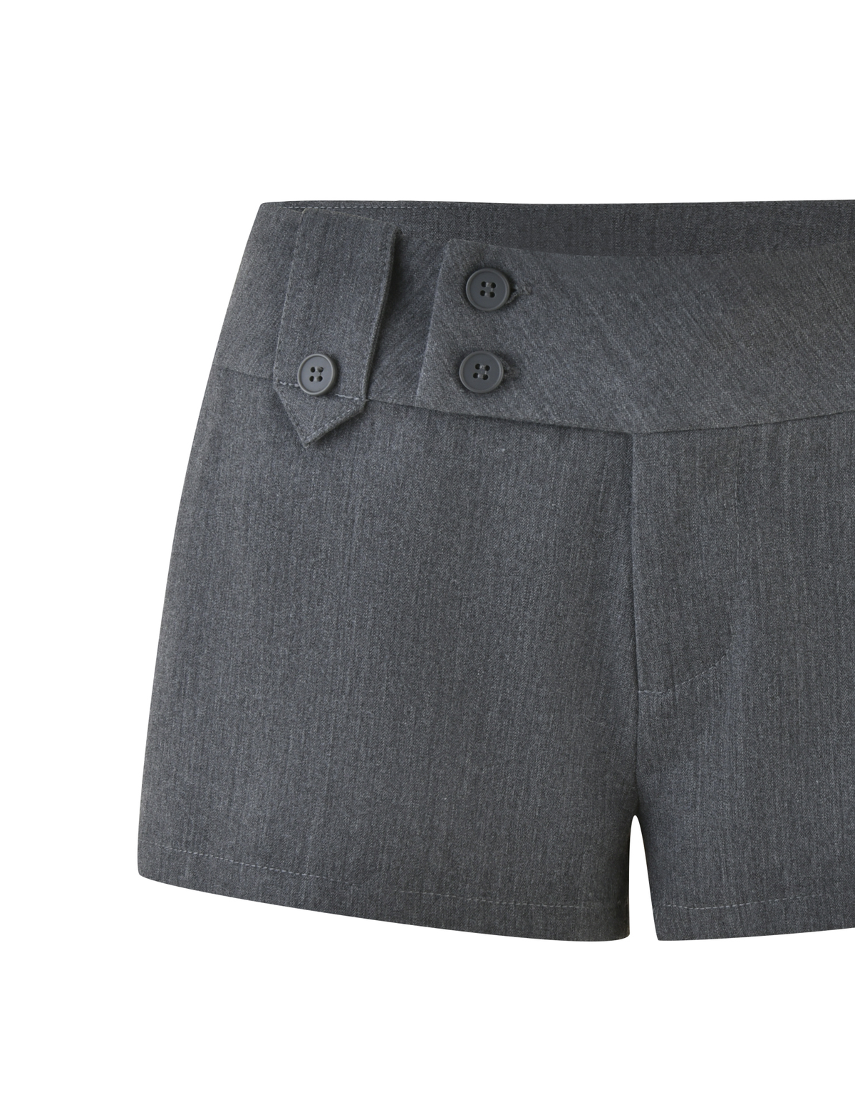 The TIGERMIST KITTIE SHORT - GREY features a high waist, two decorative buttons on the waistband, a diagonal tab with an extra button, and a tailored bodycon fit in subtly textured fabric.