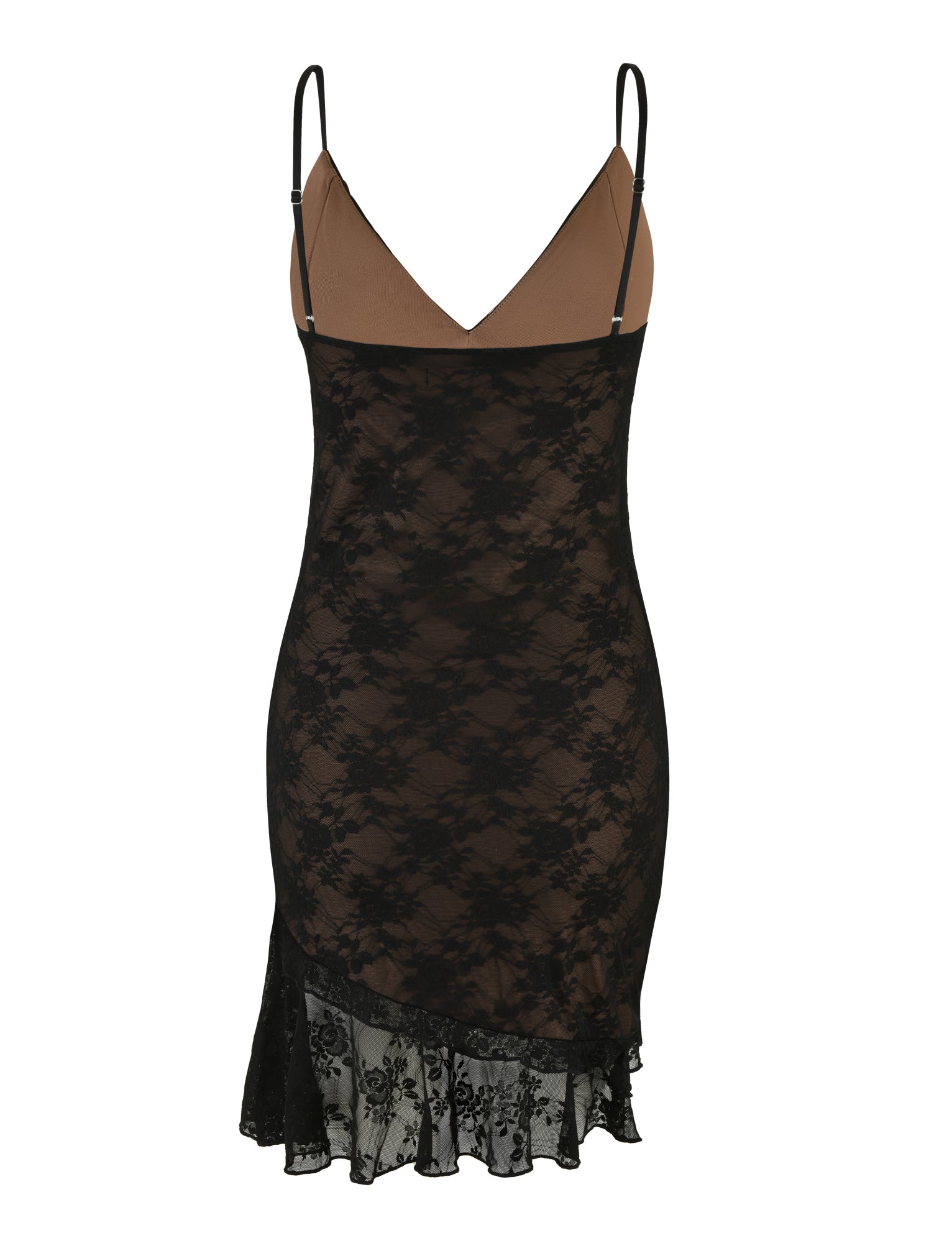 The CARLY LACE DRESS - BLACK by TIGERMIST features thin, adjustable shoulder straps and a V-neckline. This form-fitting, elegant dress boasts a sheer, intricate lace overlay and a ruffled hemline, making it perfect for evening wear.