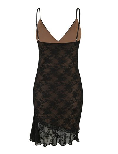 The CARLY LACE DRESS - BLACK by TIGERMIST features thin, adjustable shoulder straps and a V-neckline. This form-fitting, elegant dress boasts a sheer, intricate lace overlay and a ruffled hemline, making it perfect for evening wear.