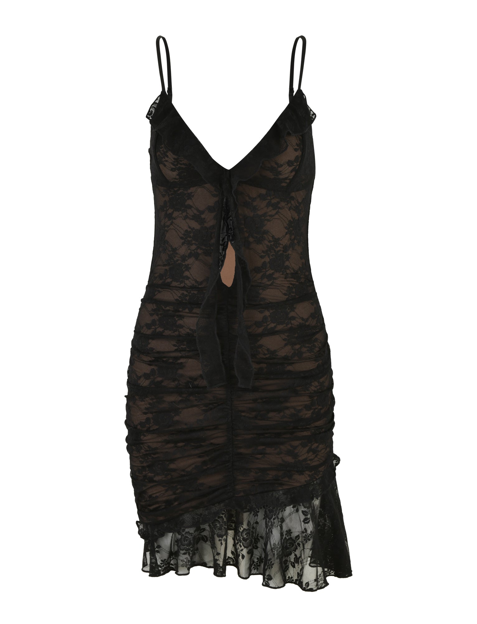 The CARLY LACE DRESS - BLACK by TIGERMIST showcases sheer fabric, adjustable shoulder straps, ruched sides, and a deep V-neckline. The dress also includes a tied front detail and a knee-length hem adorned with lace trim for a delicate and elegant look.