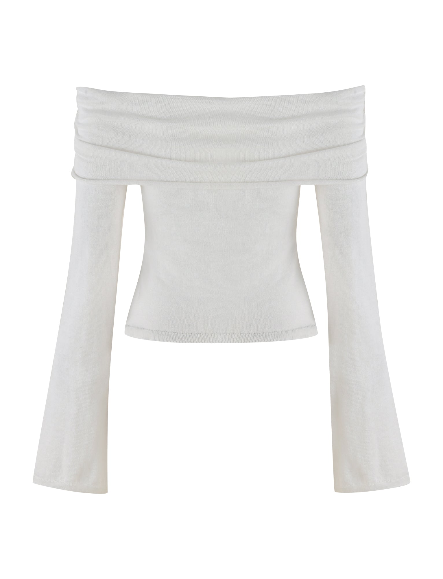 The DIEDRE JUMPER - WHITE: CREAM by TIGERMIST is an off-the-shoulder long-sleeve top with a wide, ruched neckline. This elegant blouse features a fitted bodice made from high-stretch fabric and dramatic bell sleeves, creating a stylish and sophisticated look.