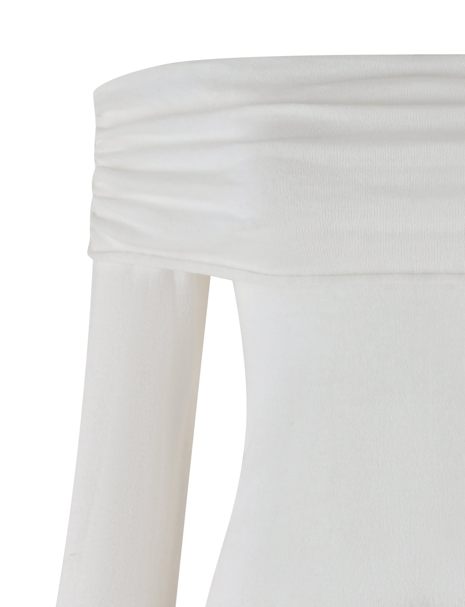 The DIEDRE JUMPER - WHITE : CREAM from TIGERMIST is highlighted, emphasizing its off-the-shoulder white neckline. The jumper dress includes a ruched, fold-over detail at the neckline and has long sleeves. Made from high stretch fabric, the material feels soft and lightweight.