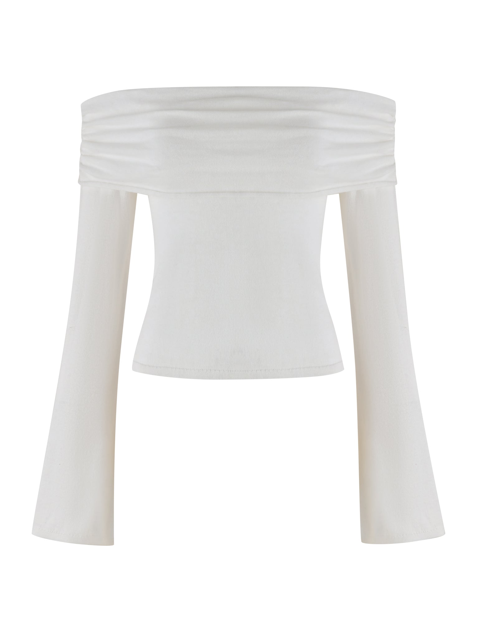 Introducing the DIEDRE JUMPER - WHITE: CREAM by TIGERMIST, an off-the-shoulder top featuring a smooth, slightly gathered neckline and long sleeves. The high-stretch fabric ensures a form-fitting style from bust to waist, while the sleeves are fitted near the shoulder and flare out towards the wrists.