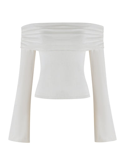 Introducing the DIEDRE JUMPER - WHITE: CREAM by TIGERMIST, an off-the-shoulder top featuring a smooth, slightly gathered neckline and long sleeves. The high-stretch fabric ensures a form-fitting style from bust to waist, while the sleeves are fitted near the shoulder and flare out towards the wrists.