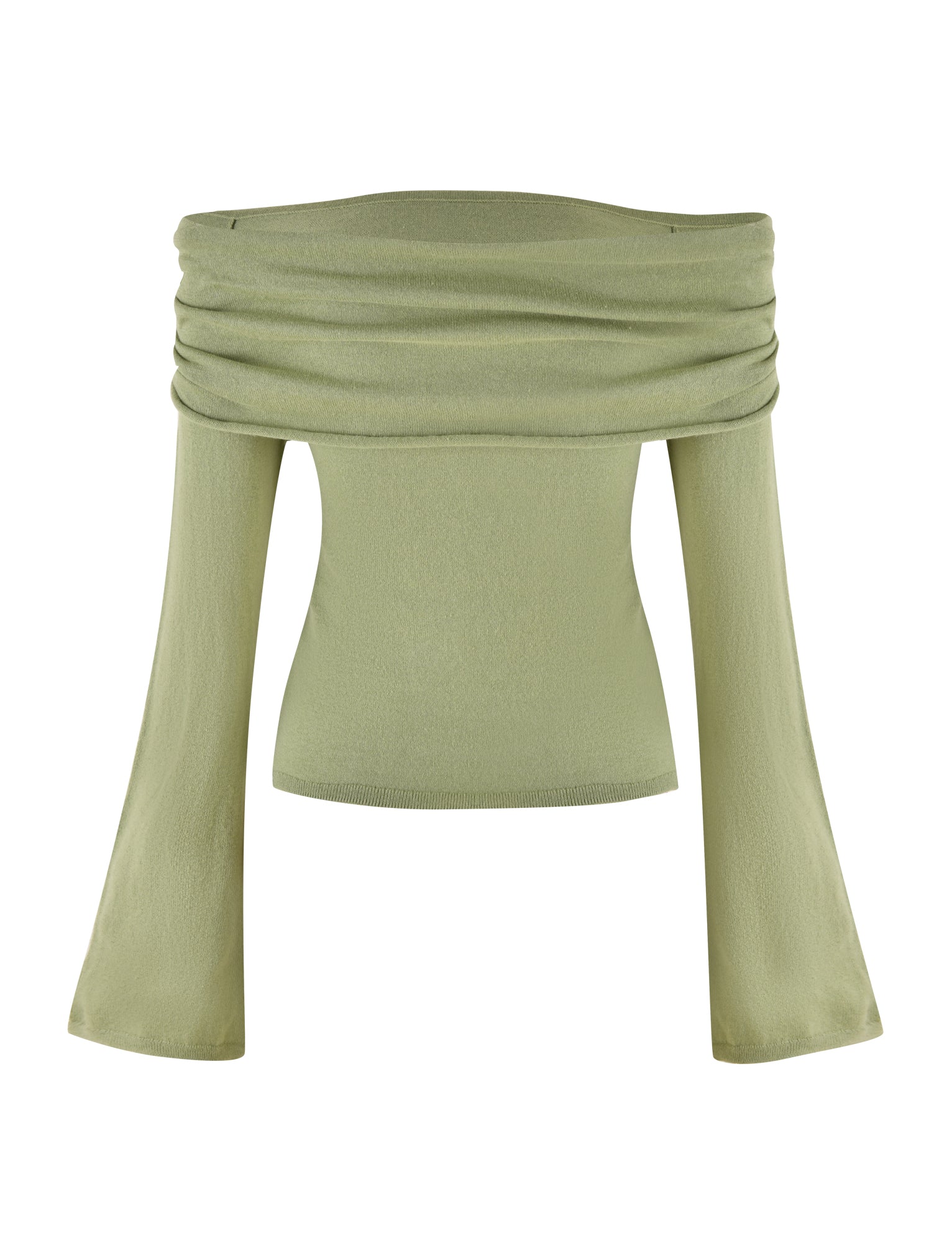 The DIEDRE JUMPER - GREEN by TIGERMIST is an off-the-shoulder, light green long-sleeve top featuring a wide, draped neckline and flared sleeves. Made from high stretch fabric, it feels soft and slightly textured.