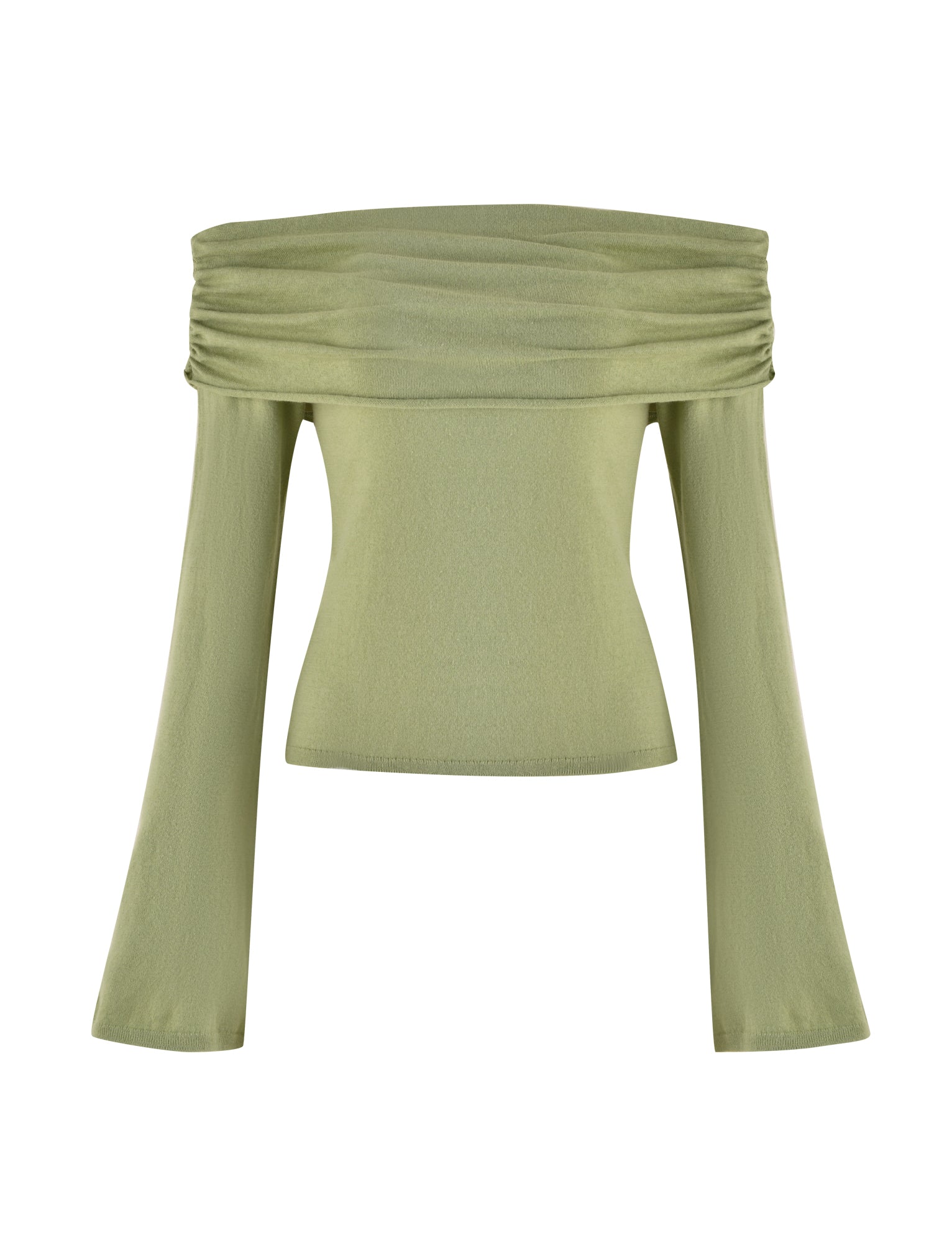 The DIEDRE JUMPER - GREEN by TIGERMIST is an off-the-shoulder top with long sleeves that flare out towards the cuffs. Made from high stretch fabric, it features slight gathering at the top for a ruched effect around the neckline.