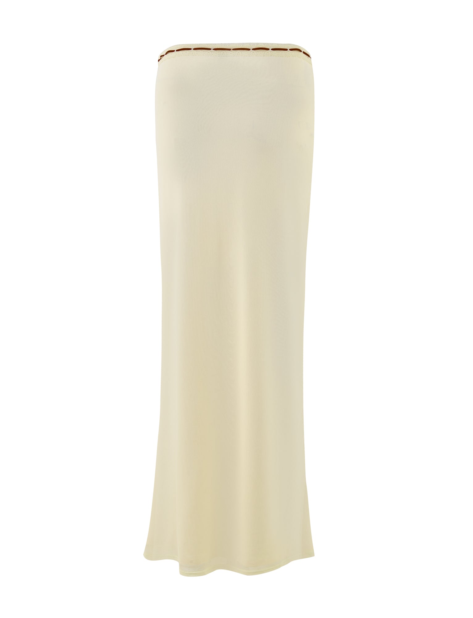 The FENNEL SKIRT in a pale yellow shade by TIGERMIST offers a strapless and slightly flared design, complete with lace trim around the top edge. Made from high-stretch fabric, it provides comfort while maintaining a simple and elegant appearance.
