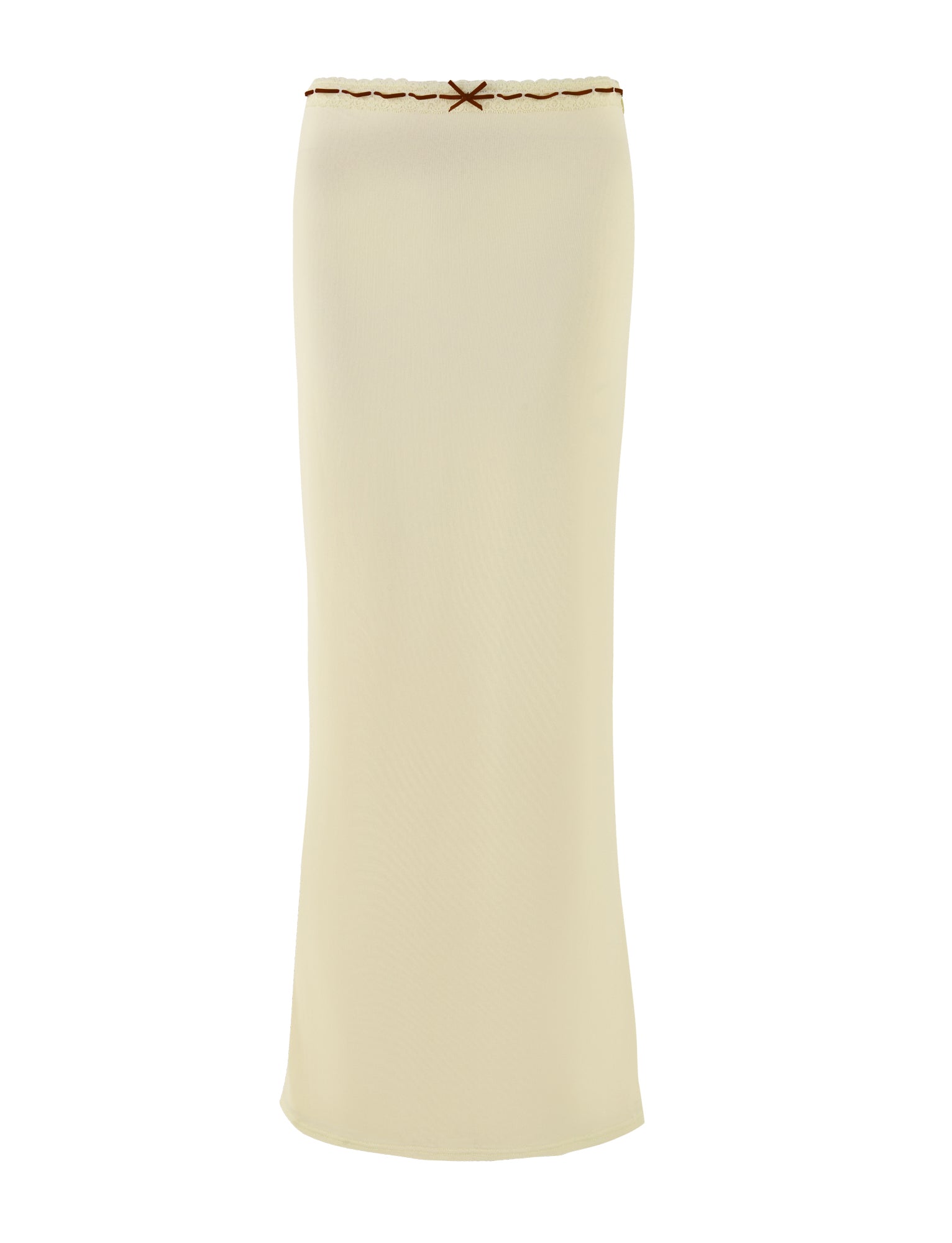 Introducing the FENNEL SKIRT by TIGERMIST in a pale yellow hue. This long, tube-style skirt boasts a simple yet elegant design, featuring a decorative bow at the top edge and delicate lace trim for added charm. Its smooth texture and straight silhouette complete the minimalistic look.
