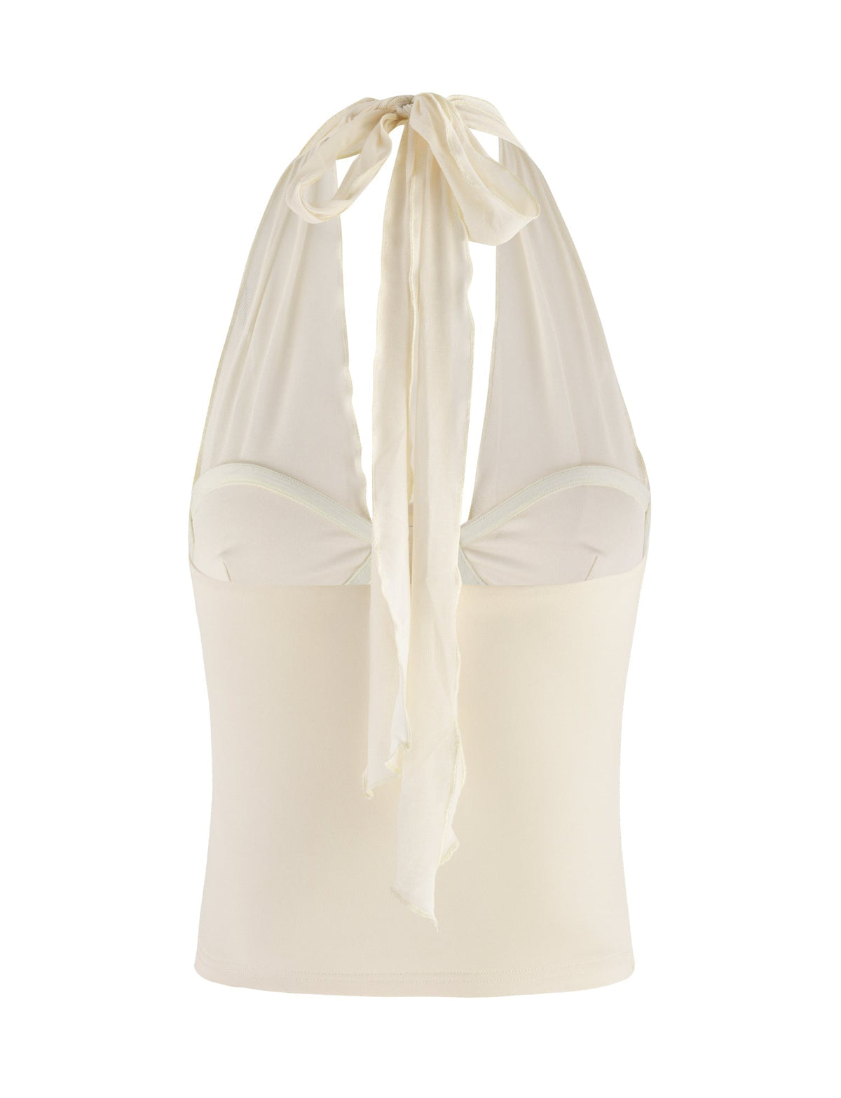 Introducing the Granger Top from Tigermist: a cream-colored, halter-style top featuring a charming bow-tie detail at the back. This bodycon fit highlights a fitted bustier design crafted from soft fabric with a subtle sheen, and the straps elegantly form a V-neckline in front.