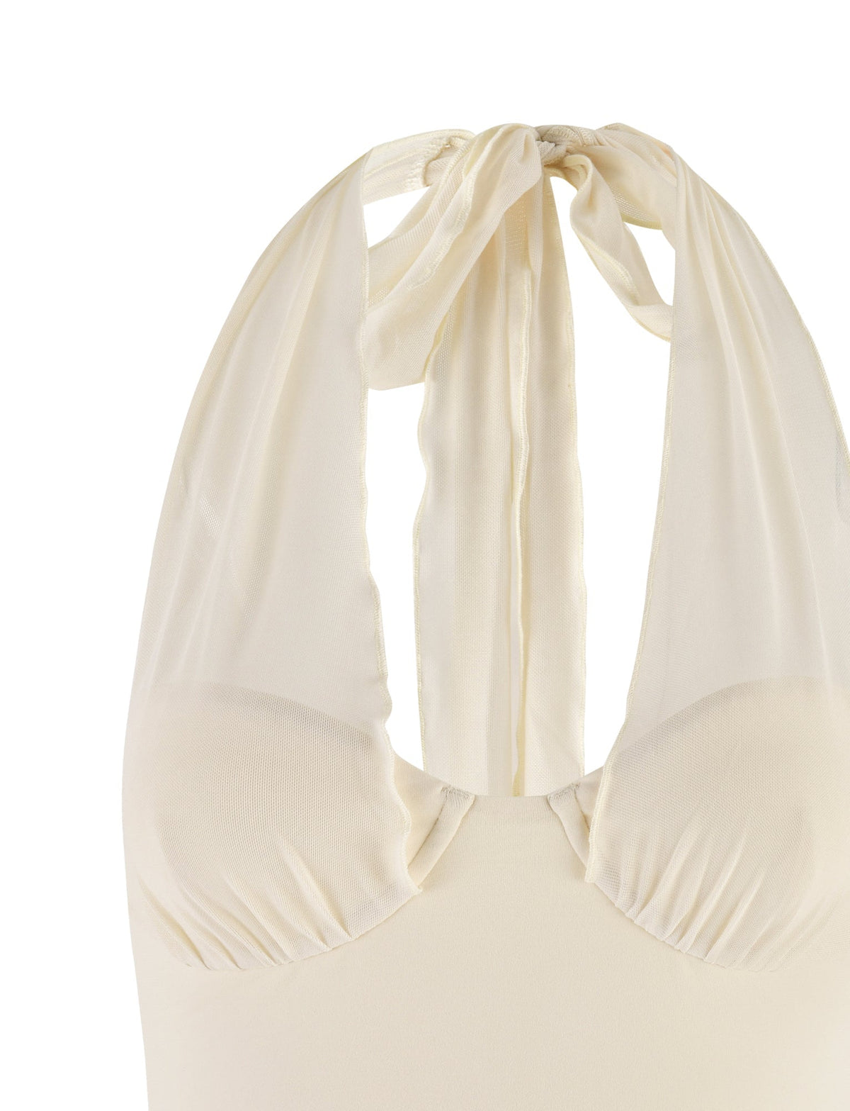 The TIGERMIST GRANGER TOP - WHITE : CREAM boasts a halter neckline with gathered detailing and a self-tie feature at the neck. Its soft and lightweight fabric makes it an ideal choice for warm weather, showcased here against a white background.