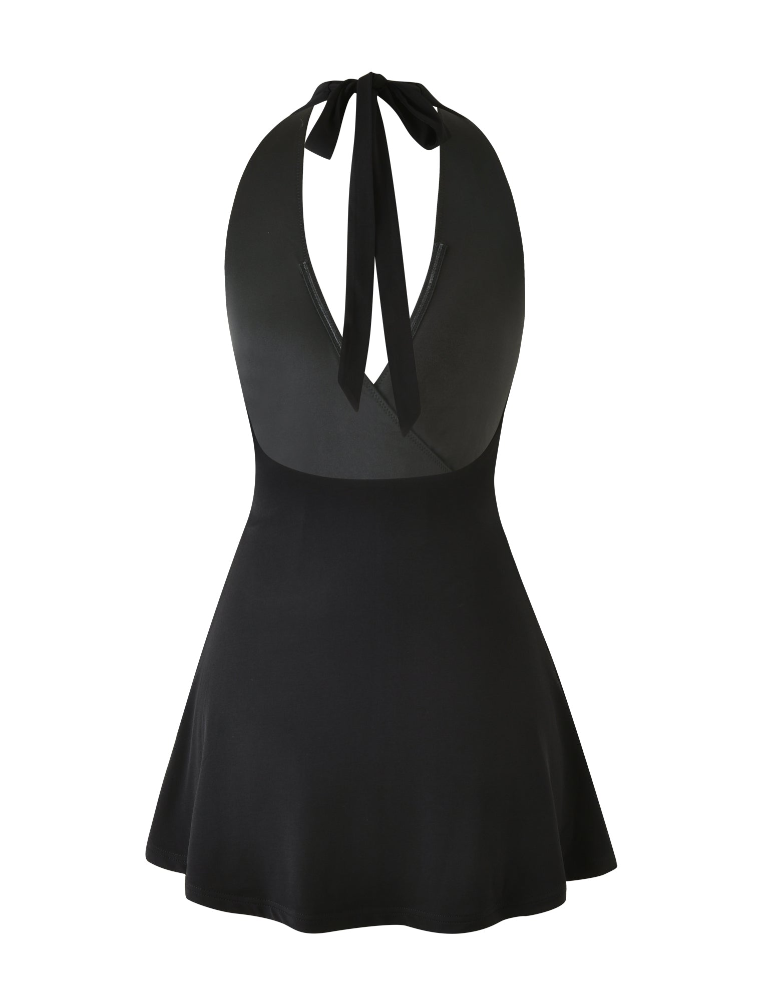 The PARRIS MINI DRESS - BLACK by TIGERMIST is a captivating black halter-neck mini dress that boasts a bow tie at the back, with a fitted bodice and a flared skirt.