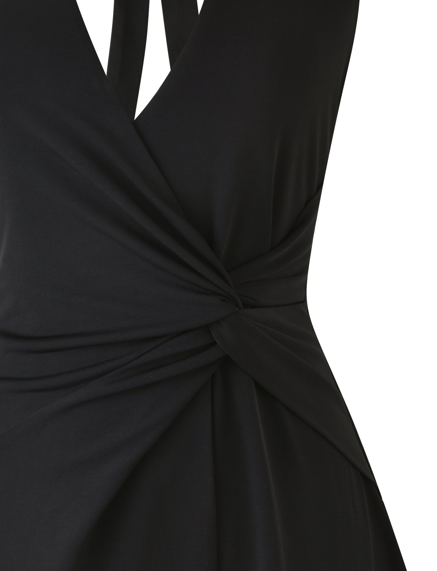 Here is a description of the PARRIS MINI DRESS - BLACK by TIGERMIST: This mini dress features a deep V-neck and a twist knot detail at the waist, made from fabric that looks smooth and elegantly draped.