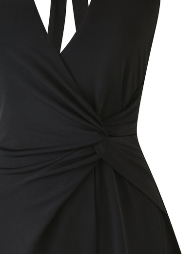 Here is a description of the PARRIS MINI DRESS - BLACK by TIGERMIST: This mini dress features a deep V-neck and a twist knot detail at the waist, made from fabric that looks smooth and elegantly draped.