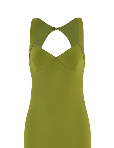 The SONNET MAXI DRESS - GREEN by TIGERMIST is a sleeveless dress with a fitted bodice and minimalist design, featuring a distinctive triangular cutout below the bust for an elegant touch. A clasp at the back completes this maxi-length dress's simple yet stylish look.