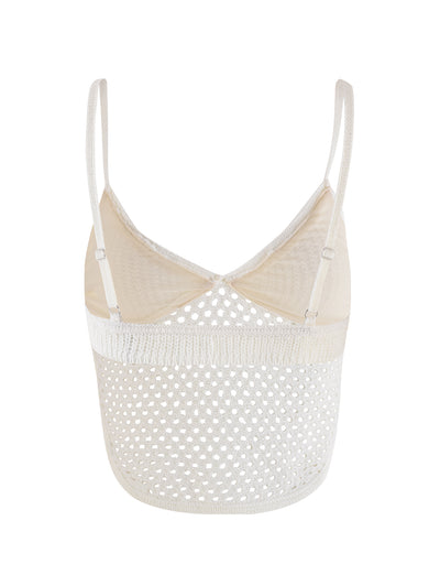 Introducing the RAMSEY TOP - WHITE by TIGERMIST: This stylish top features a mesh bralette design with adjustable straps and a chic, crochet-inspired look. The lower half is crafted with a breathable, airy pattern for ultimate comfort, while the upper portion offers solid coverage, achieving an ideal crop-length silhouette.