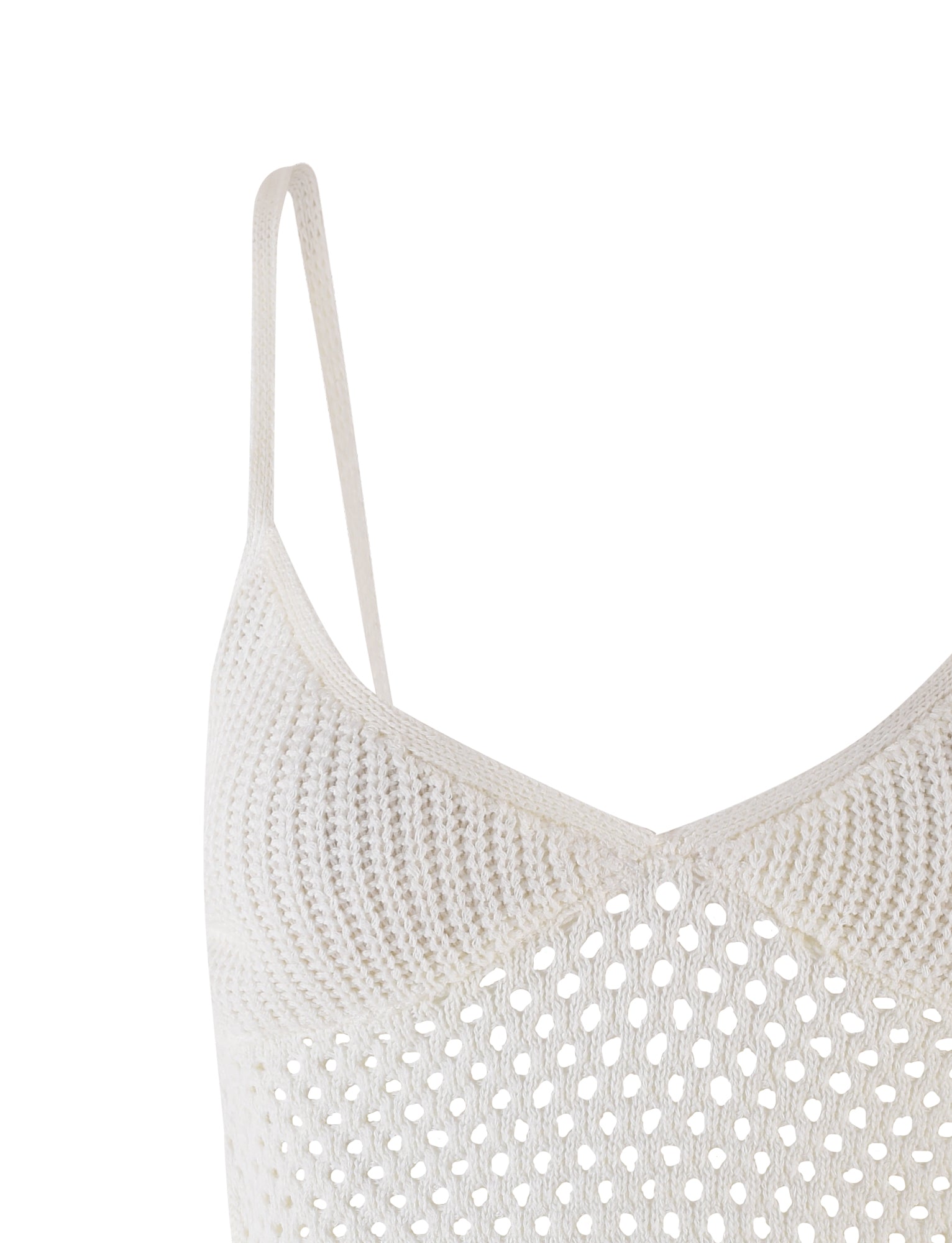 Close-up of the RAMSEY TOP - WHITE by TIGERMIST, showcasing its white crochet finish with thin, adjustable shoulder straps and a textured, airy design. The fabric highlights a pattern of small, evenly spaced holes and features a stylish crop length.