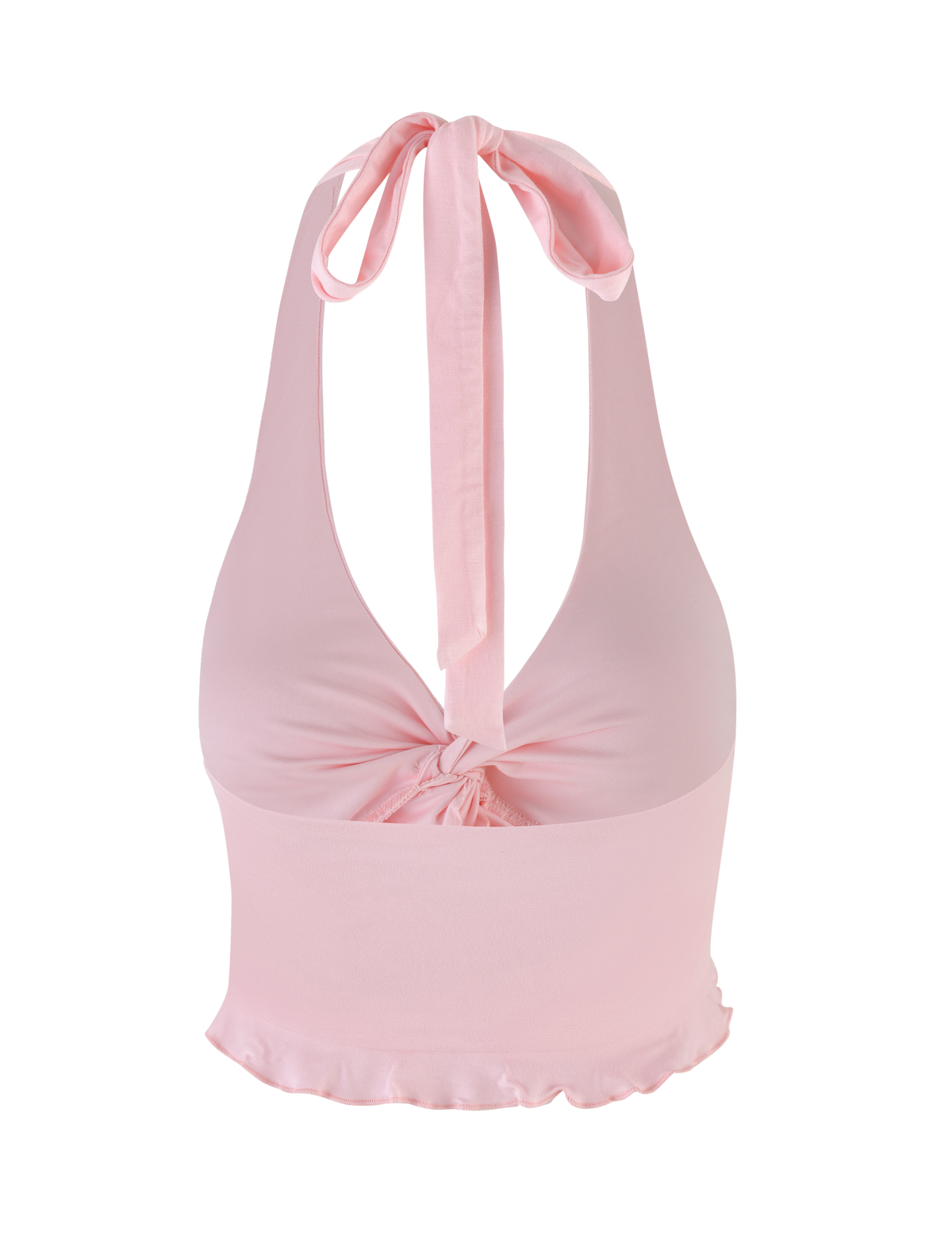The KATYA HALTER TOP in pale pink by TIGERMIST features a deep V-neck, front twist detail, wide tie at the neck, and a slightly ruffled hem.