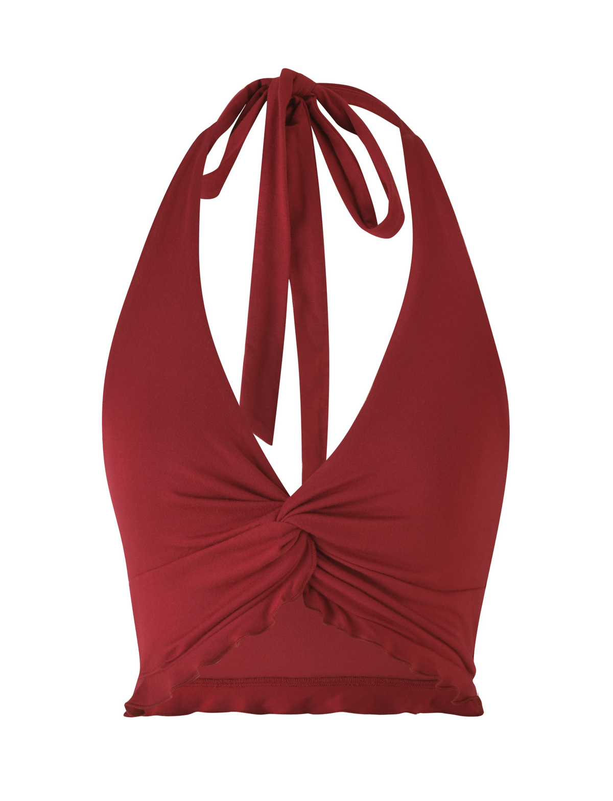 The KATYA HALTER TOP by TIGERMIST is a sleeveless, deep red halter with a front twist detail, ruffled hem, tie-back straps for a V-neckline, open back, and flirty cropped fit.