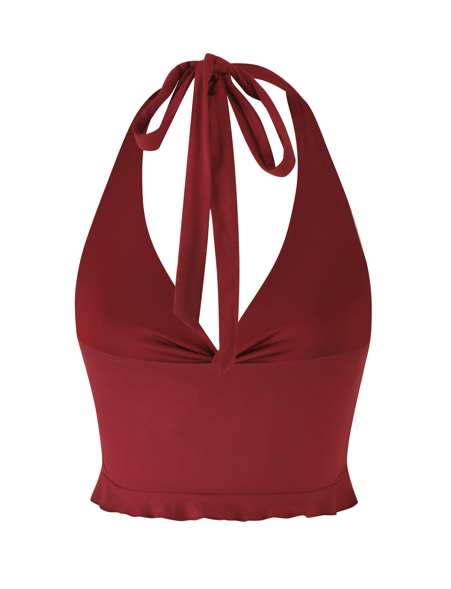 The KATYA HALTER TOP - RED by TIGERMIST is a sleeveless, dark red halter neck top with a deep V-neckline, front twist detail, tie-back straps, and a subtle ruffled hem.