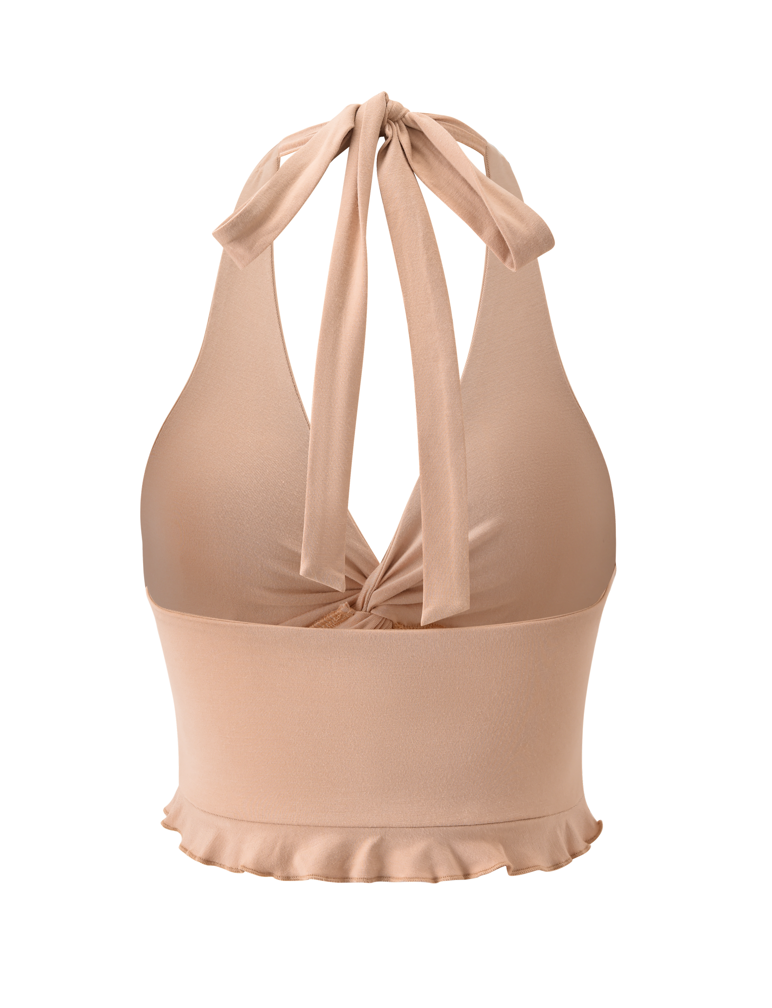 The KATYA TOP - TAN by TIGERMIST is a beige halter neck top with a front twist detail, open back, and ruffled hem, shown against a plain white background.
