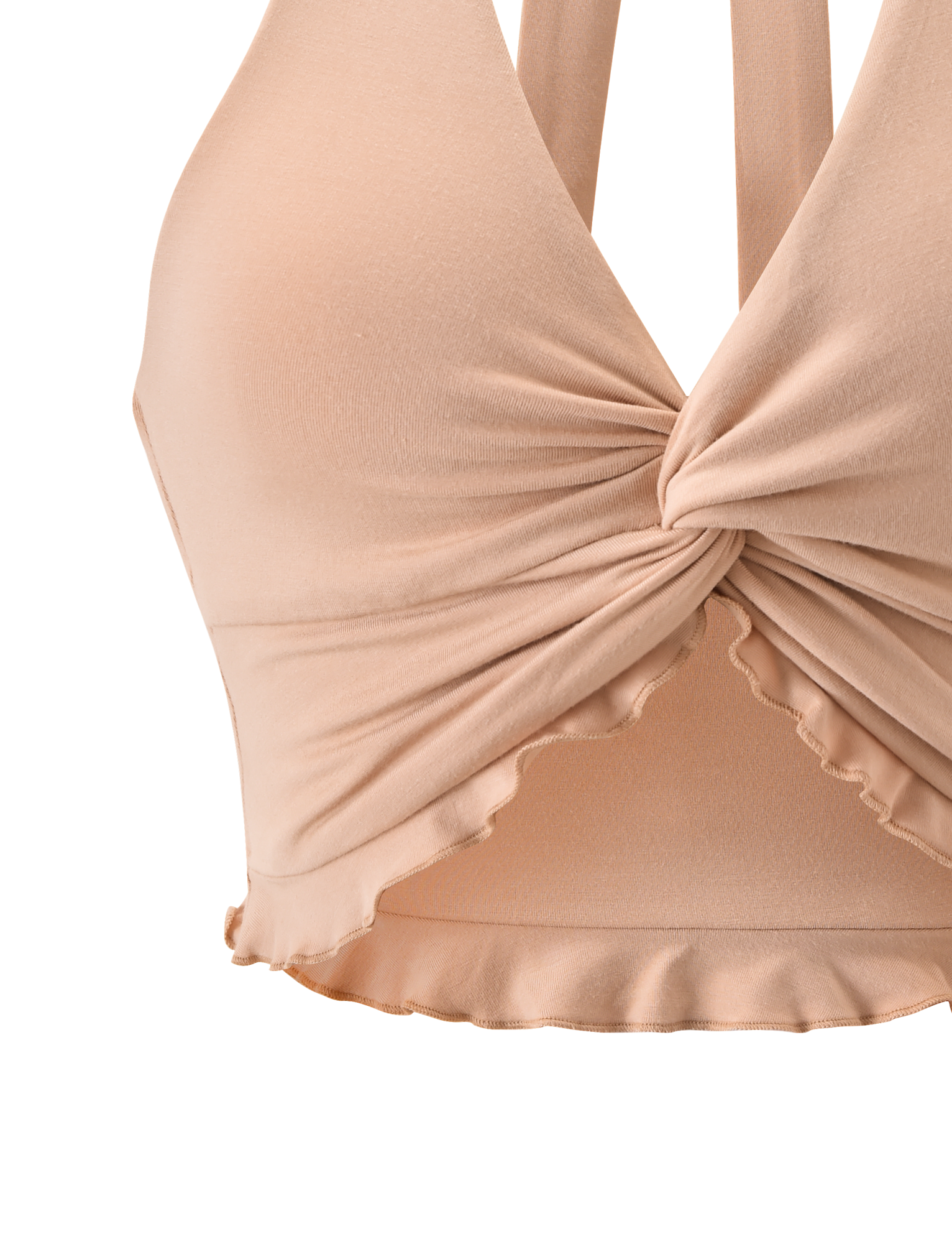 Close-up of the KATYA TOP in tan by TIGERMIST, showcasing a halter neck with twist front detail, soft fabric, and a subtly ruffled hem.