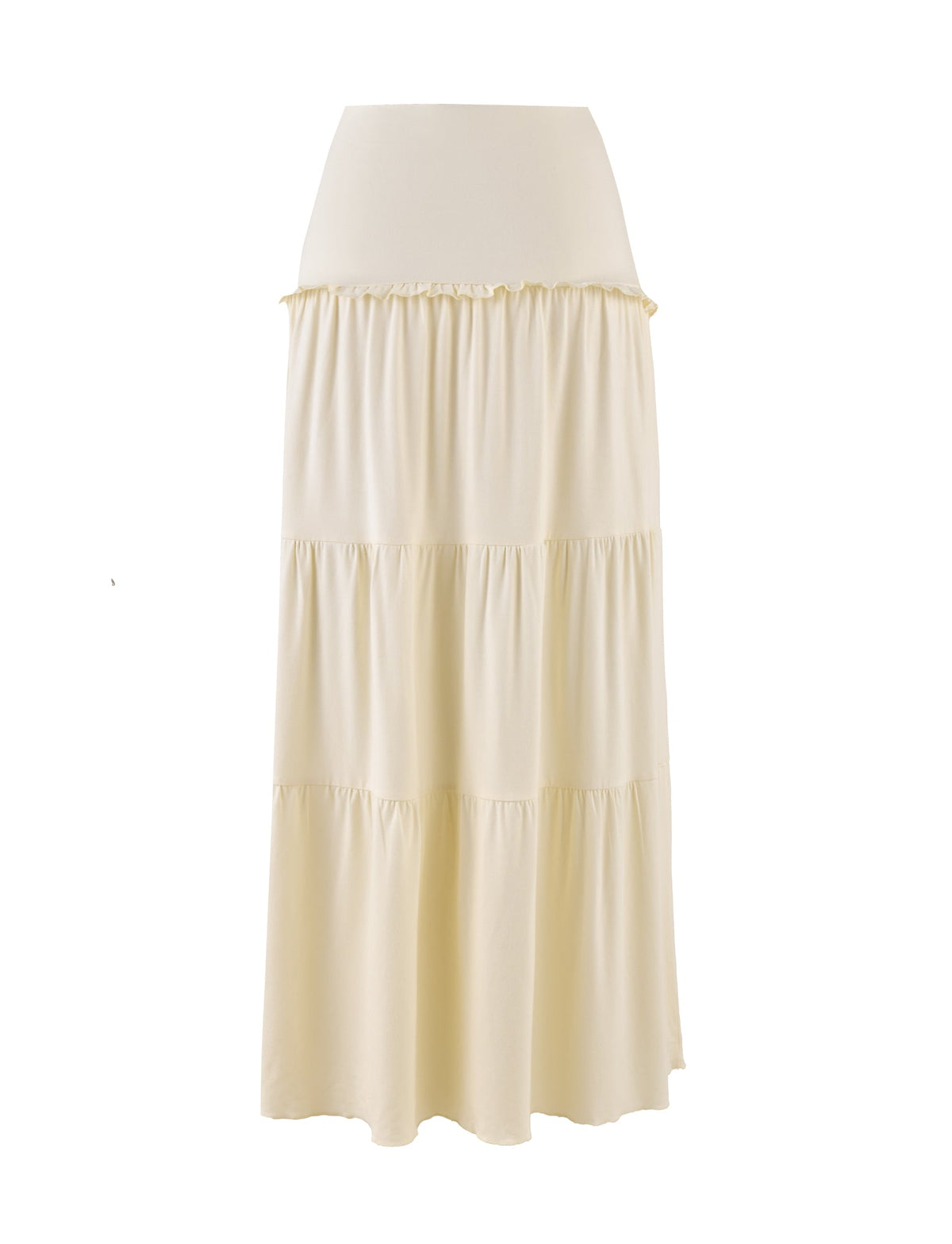 The KATYA MAXI SKIRT by TIGERMIST is a high-waisted, tiered maxi skirt crafted from buttery jersey in a luxurious cream color.