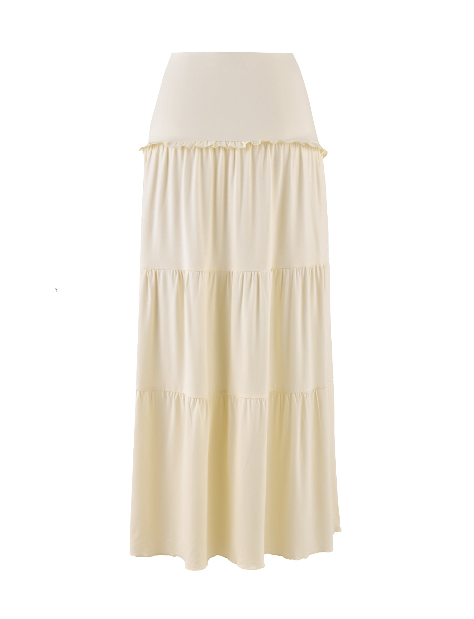 The KATYA MAXI SKIRT by TIGERMIST is a high-waisted, tiered maxi skirt crafted from buttery jersey in a luxurious cream color.