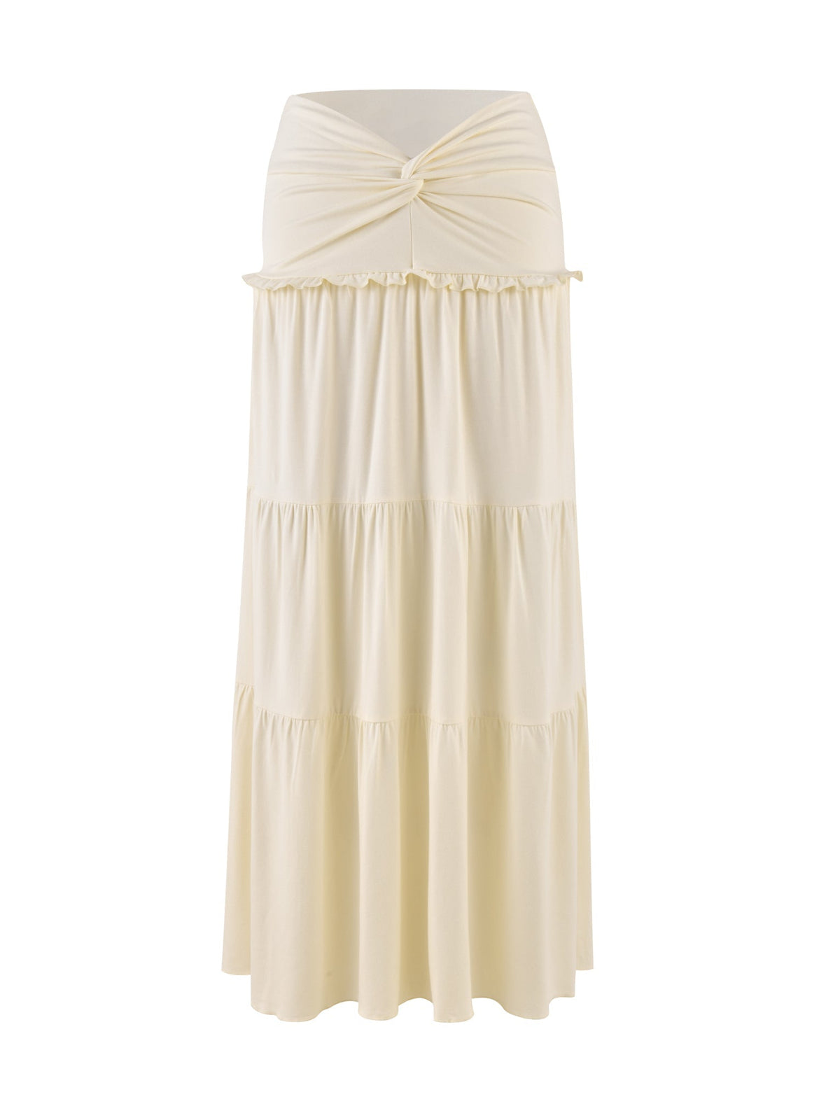 The KATYA MAXI SKIRT - WHITE : CREAM by TIGERMIST boasts a knotted waistband and tiered panels, crafted from soft jersey for effortless elegance.