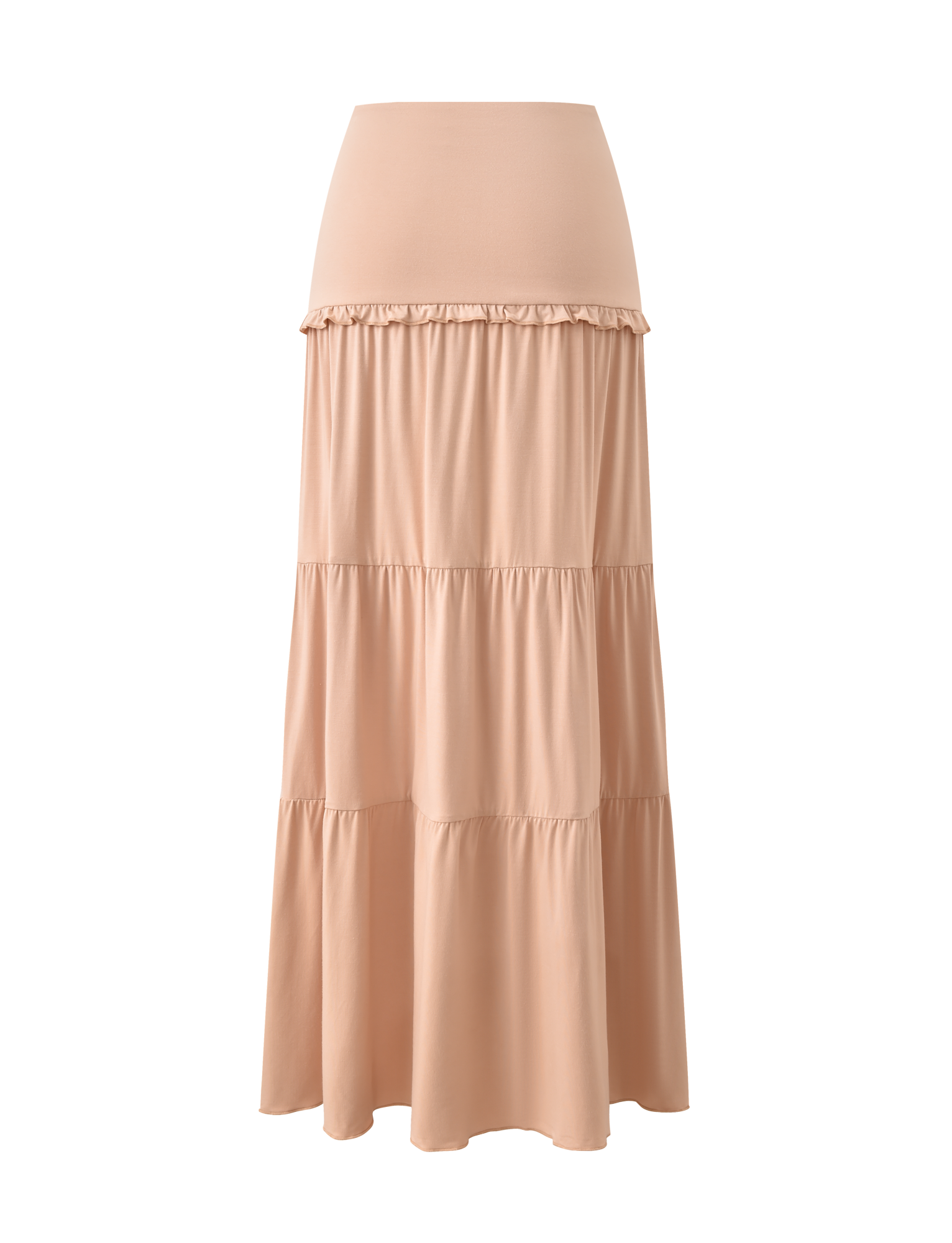 The TIGERMIST KATYA MAXI SKIRT in tan features a full lining, tiered design, wide waistband, and soft, flowing fabric, shown against a white background.