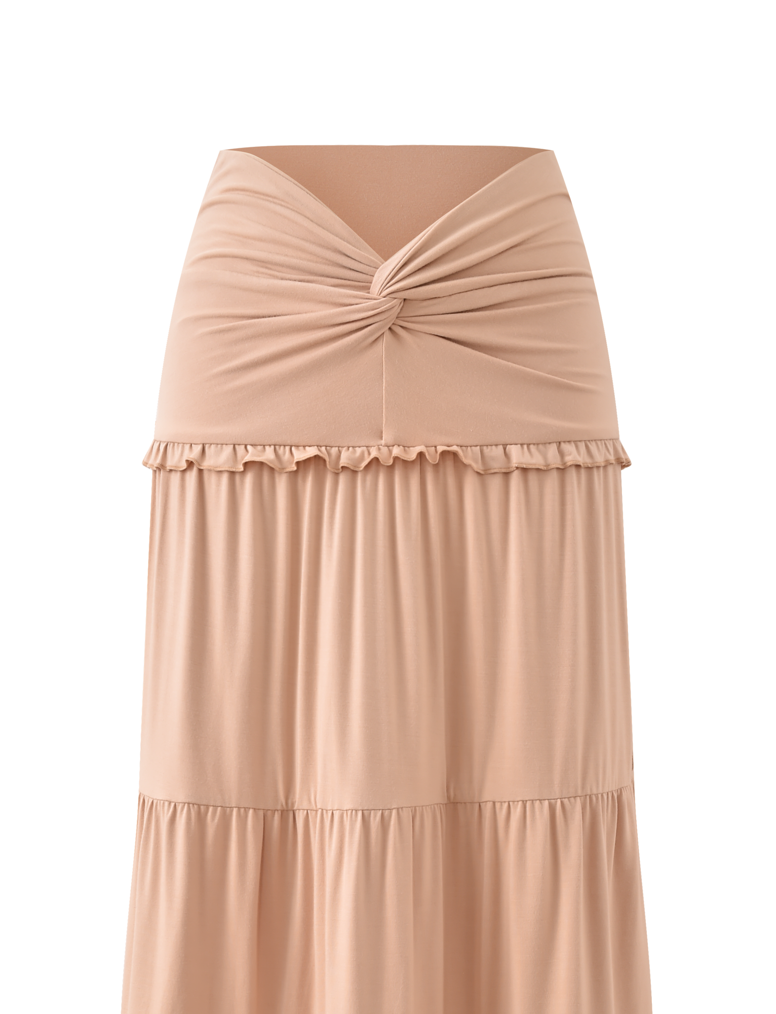 The TIGERMIST KATYA MAXI SKIRT in tan features a light beige, tiered design with a wide twisted knot waistband, subtle ruffle trim, soft lightweight fabric, and full lining for comfort.