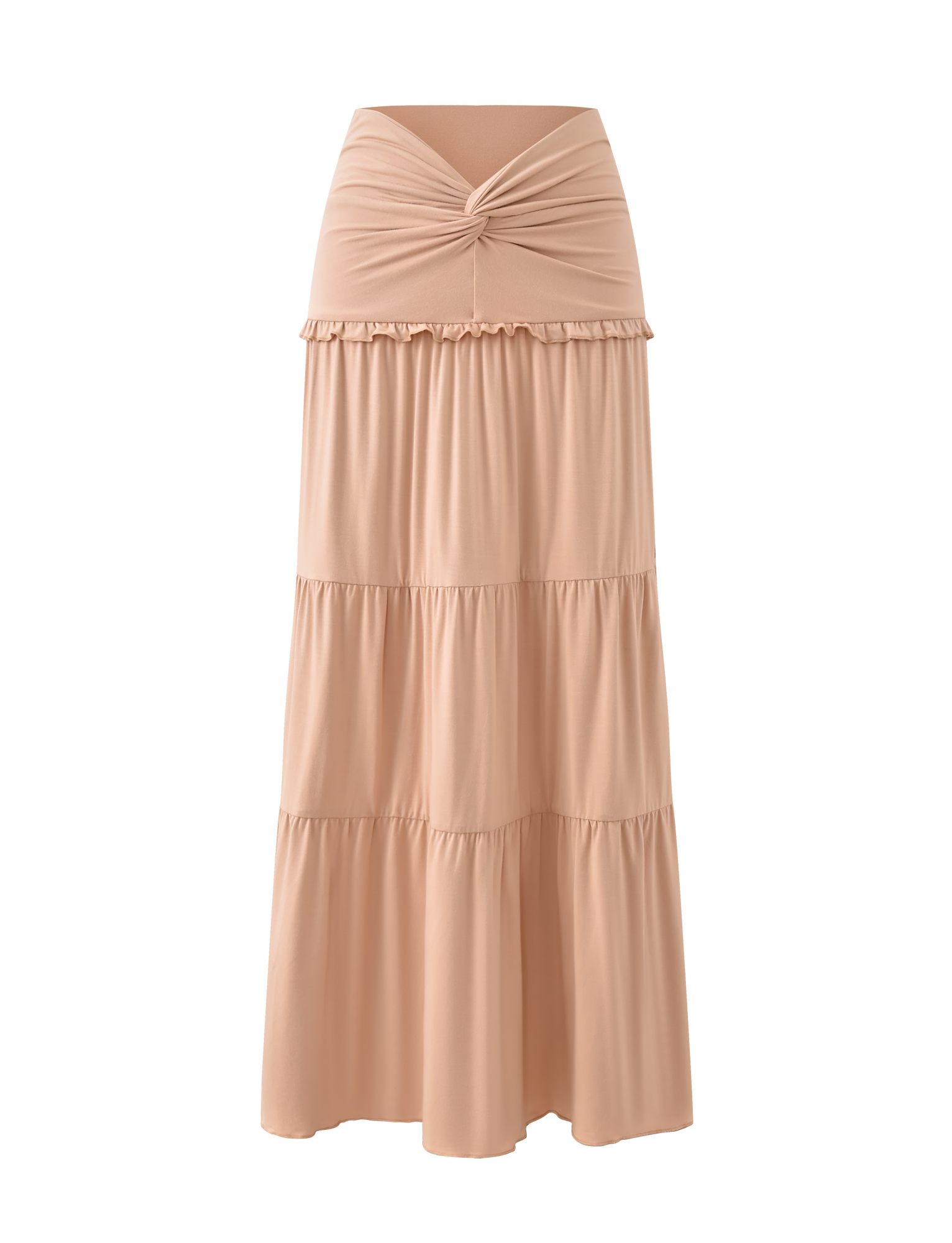 The TIGERMIST KATYA MAXI SKIRT in tan features a high-waisted, wide ruched waistband with a twisted knot front. This fully lined, flowy maxi skirt has three gathered tiers and offers a relaxed fit.