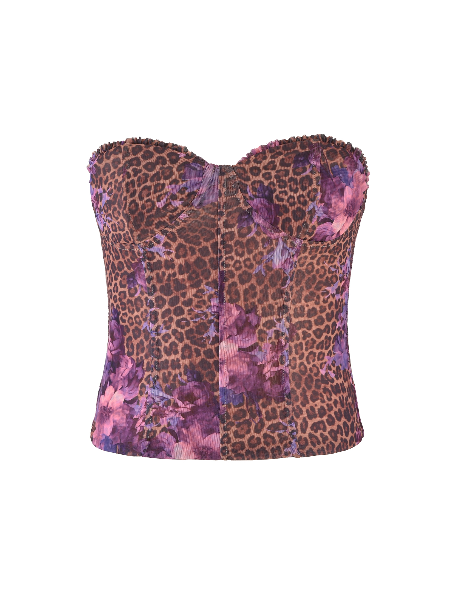 The HOLLIS TOP by TIGERMIST features a strapless, tailored fit with a floral leopard print in neutral tones, accented with purple and pink florals on a white background.