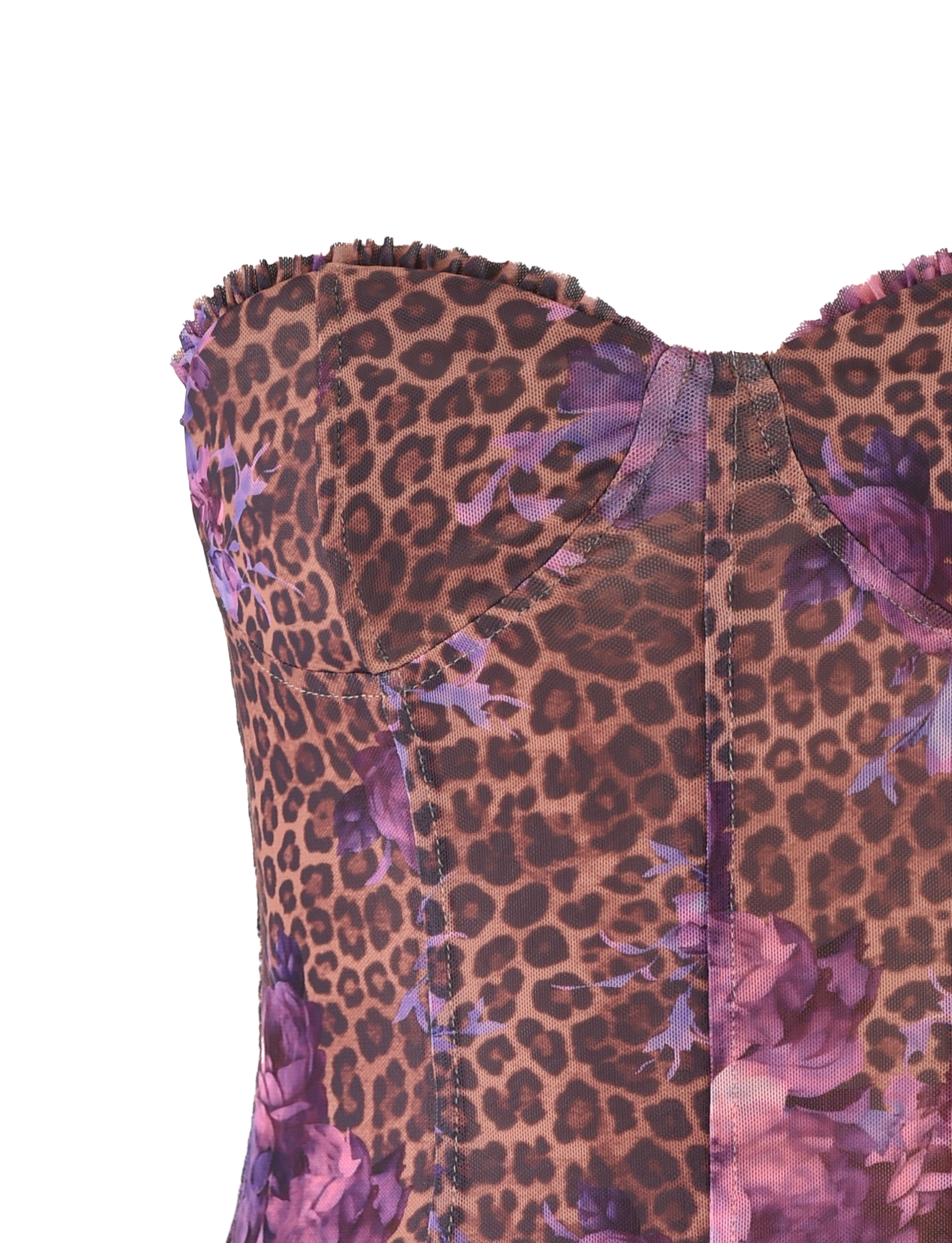 The HOLLIS TOP by TIGERMIST is a strapless corset featuring a neutral floral leopard print, visible seam lines, and a structured, tailored fit bodice.