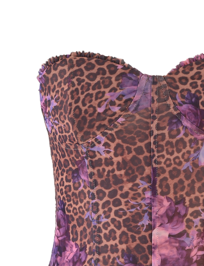 The HOLLIS TOP by TIGERMIST is a strapless corset featuring a neutral floral leopard print, visible seam lines, and a structured, tailored fit bodice.