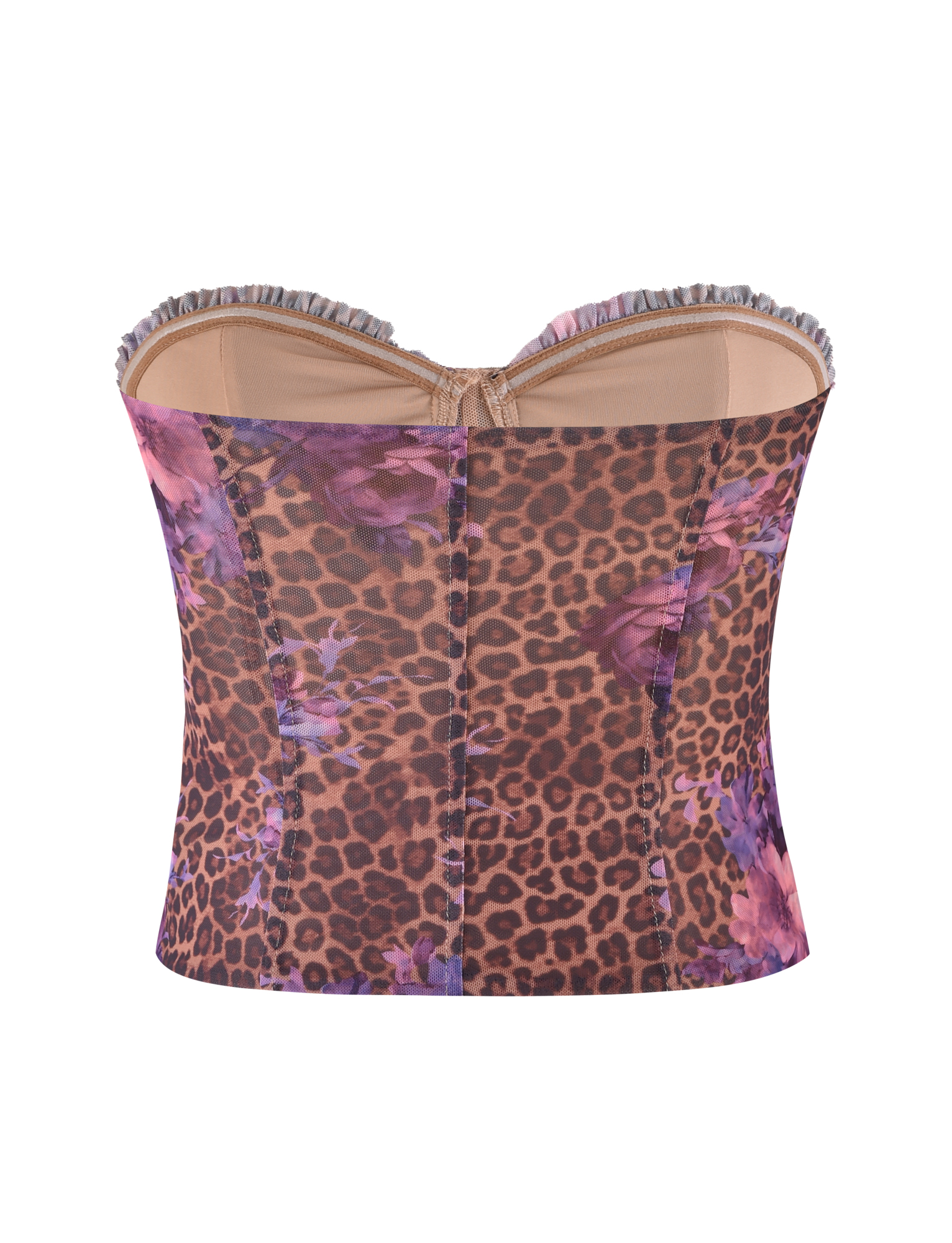 The HOLLIS TOP by TIGERMIST features a strapless tailored fit, neutral leopard print with pink-purple floral accents, ruffled top trim, and visible vertical stitching. The image displays the back of this Floral Leopard design.