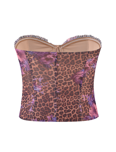 The HOLLIS TOP by TIGERMIST features a strapless tailored fit, neutral leopard print with pink-purple floral accents, ruffled top trim, and visible vertical stitching. The image displays the back of this Floral Leopard design.