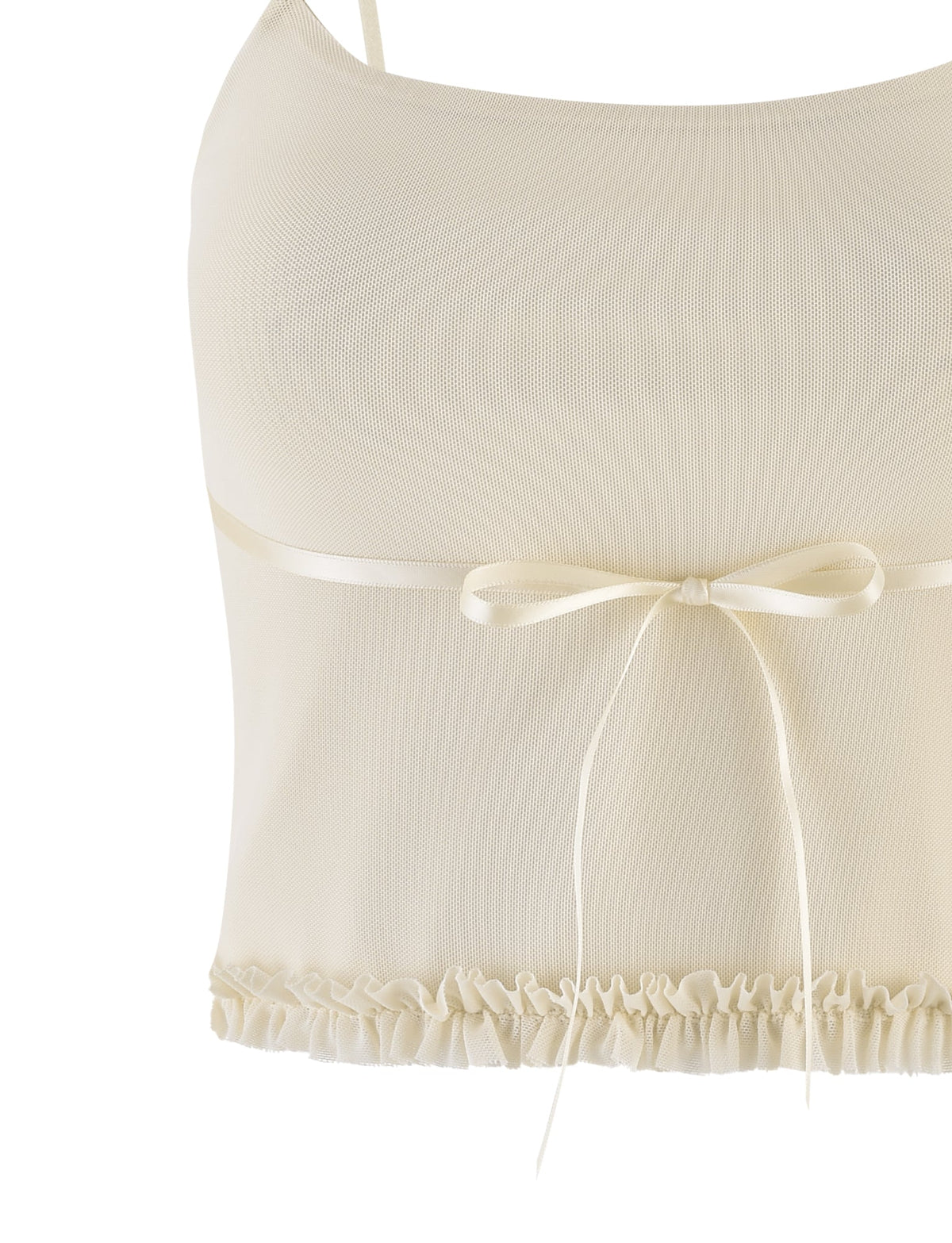 A close-up of the TIGERMIST MAISIE TOP in pale yellow, a cream-colored sleeveless crop top with adjustable straps, satin bow at the front, and frill detail along the hem.