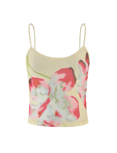 The TIGERMIST MARIANA TOP in pale yellow is a camisole with adjustable straps, showcasing a bold abstract red and pink floral print on the front.