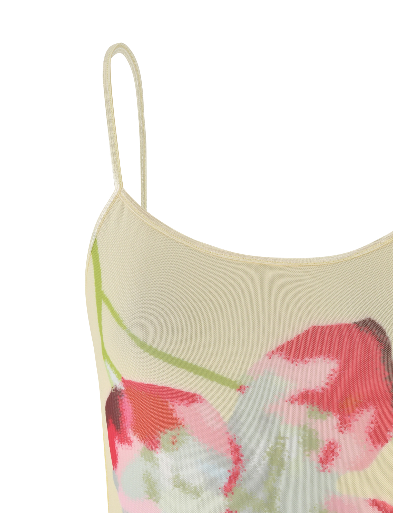 A close-up of the TIGERMIST MARIANA TOP in pale yellow, featuring adjustable straps and a bold abstract floral print in pink, red, green, and white across the chest.